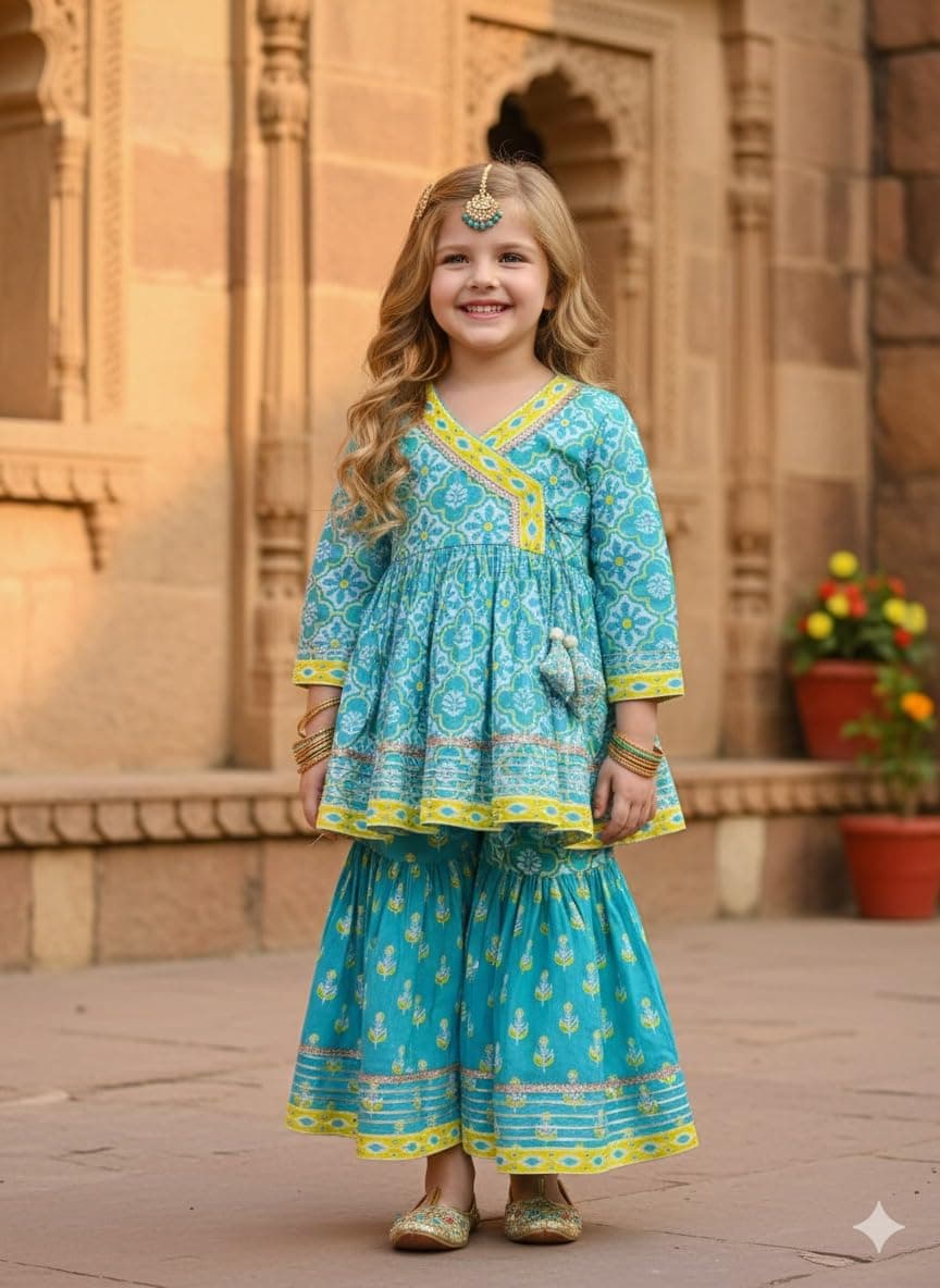 A.T.U.N. (ALL THINGS UBER NICE) Girls Pure Cotton Floral Printed Angrakha Style 2-Piece Sharara Set | Elegant Festive Clothing Set