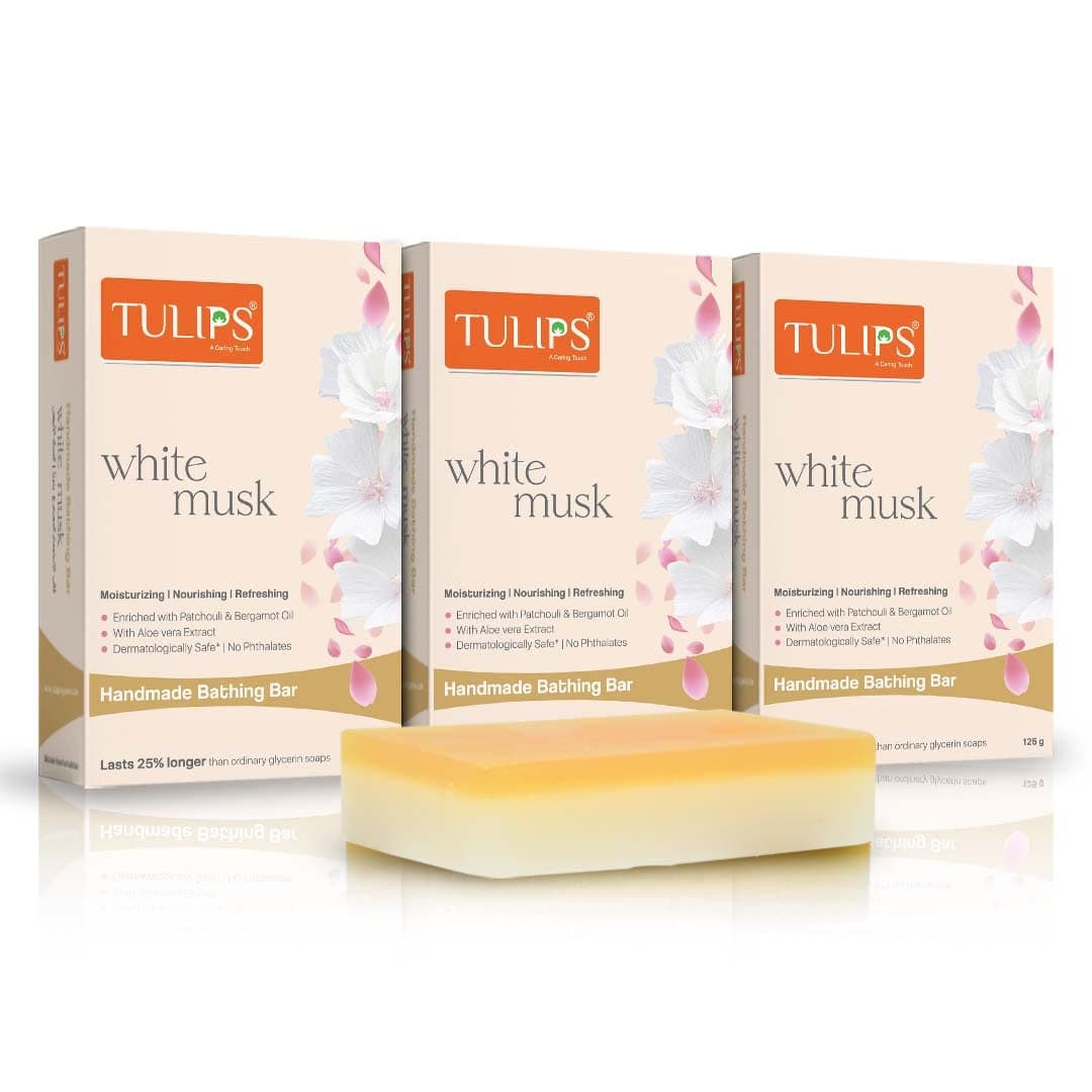 Tulips Handmade Bathing Bar Soap with White Musk - Moisturizing, Nourishing & Refreshing, Gentle on All Skin Types, Softens Skin, Spa-Like Fragrance (Pack of 3)