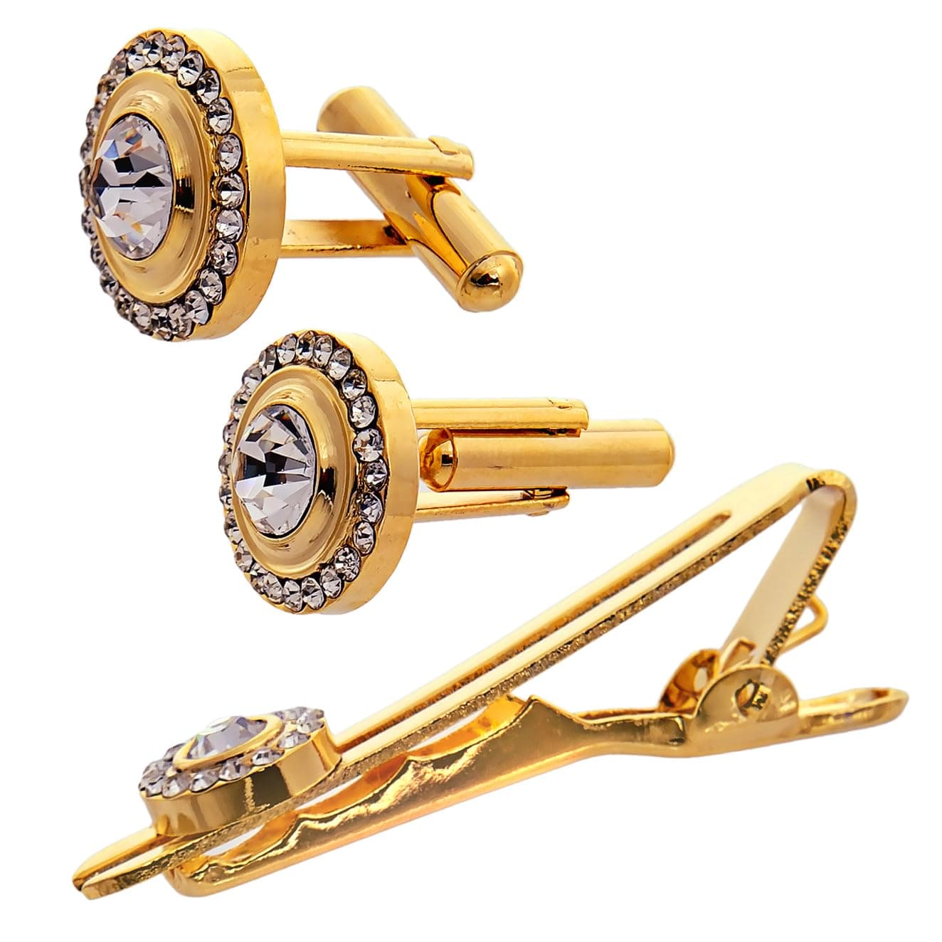 Lucky Jewellery Unique Men Jewelry White Stone Gold Plated Sleeve Button Formal Cuff Button Wedding Shirt Button, Suit, Blazer Cufflinks with Matching Tie Pin Gift Set For Men (383-M4C5-248TM40DT-W)
