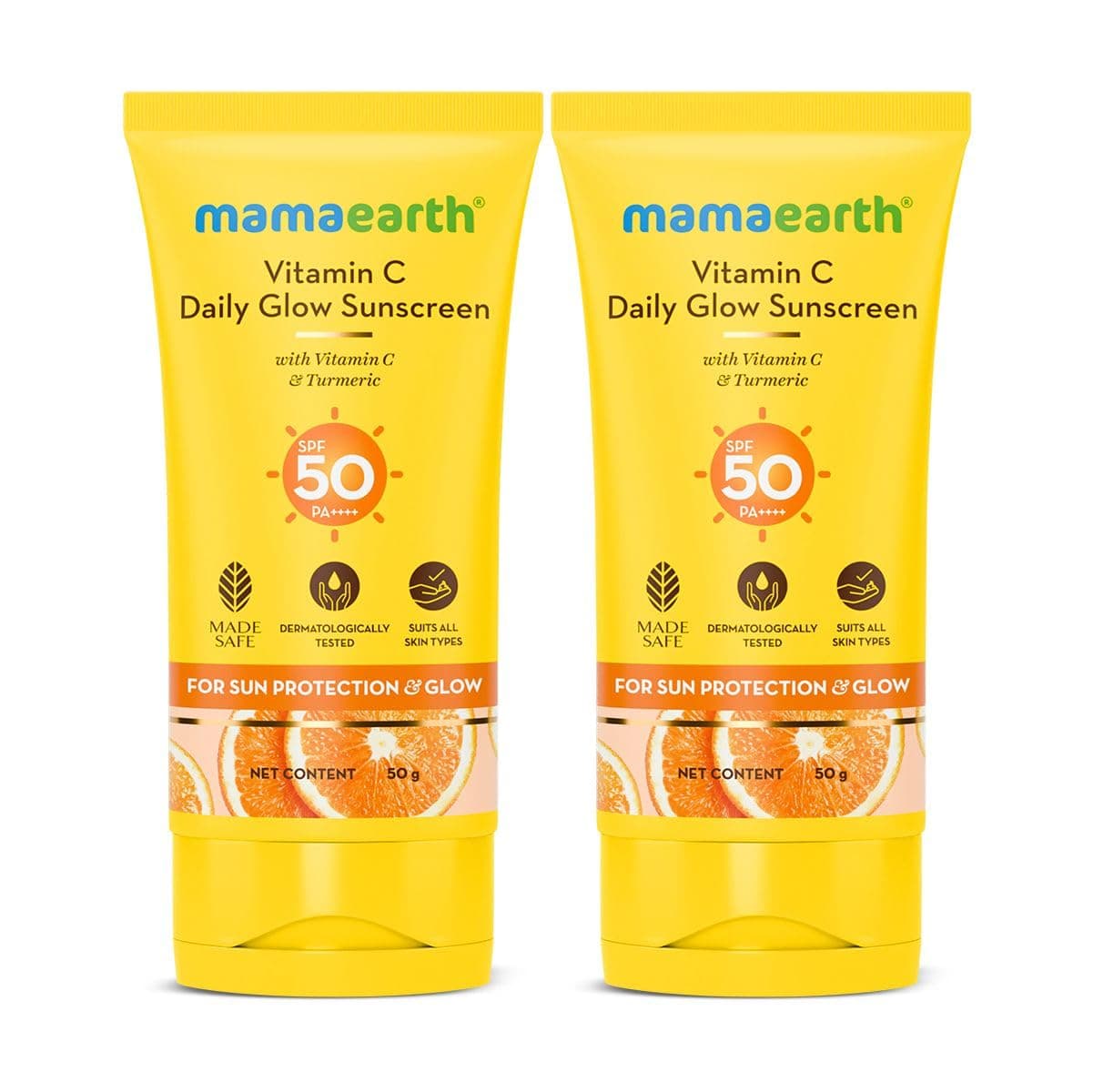 Mamaearth Vitamin C Daily Glow Sunscreen with Vitamin C & Turmeric | For Sun Protection, Tan Protection & Glow | SPF 50 & PA++++ Protection | No White Cast | Lightweight & Non-Sticky | Brightens Skin | In-Vivo Tested | For All Skin Types | 50 g x 2
