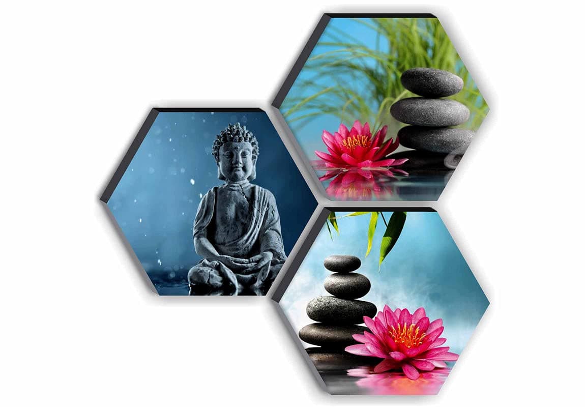 SAF paintings Set of 3 Hexagon Buddha UV Textured MDF Home Decorative Gift Item Painting 17 Inch X 17 Inch SANFHX29SMALL