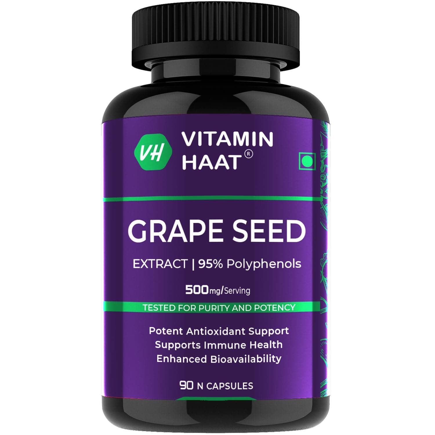 VitaminHaat Grape Seed Extract 500 mg | 95% Polyphenols | Powerful Antioxidant Supplement for Skin Glow, Immunity & Heart Health | Supports Healthy Circulation | 90 Veg Capsules