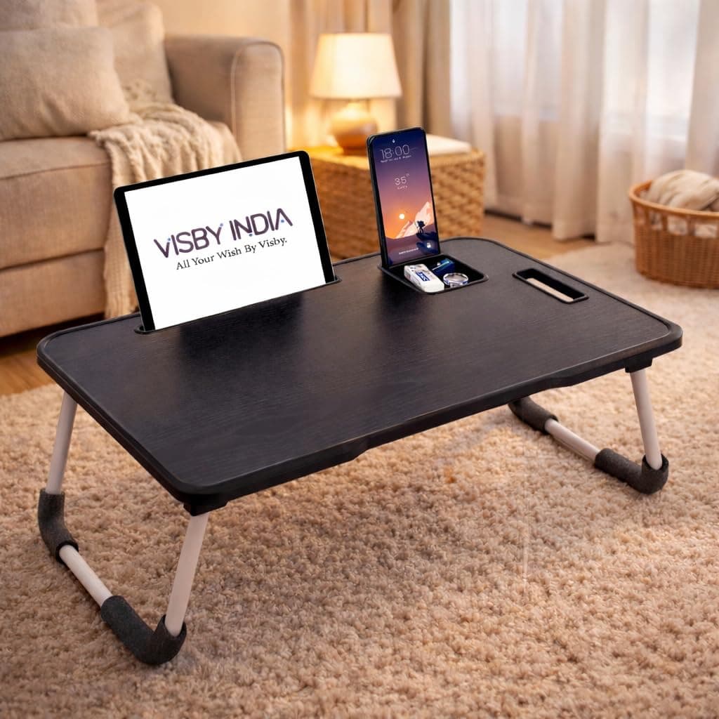 VISBY INDIA Foldable Heavy-Duty Wooden Mini Laptop Table for Bed, Study Table with Drawer, Adjustable for PC/Tablet/Mobile Holder,Secure Foldable Leg (Black C-Biding)
