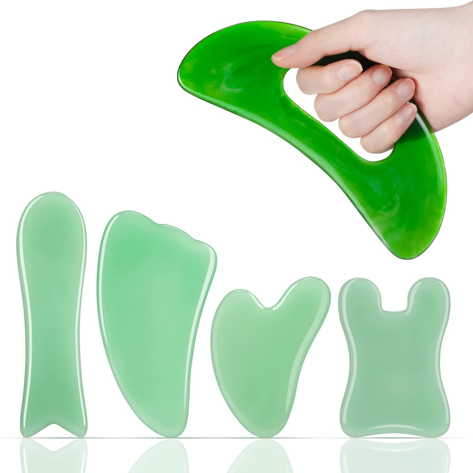 Treela 5 Pcs Gua Sha Massage Facial Tool Set And 1 Pcs Body Gua Sha Massage Tool With Handle, Guasha Massager Kit For Face Back Neck Leg Body Scraping Massage Board Jade Stone Guasha Comb