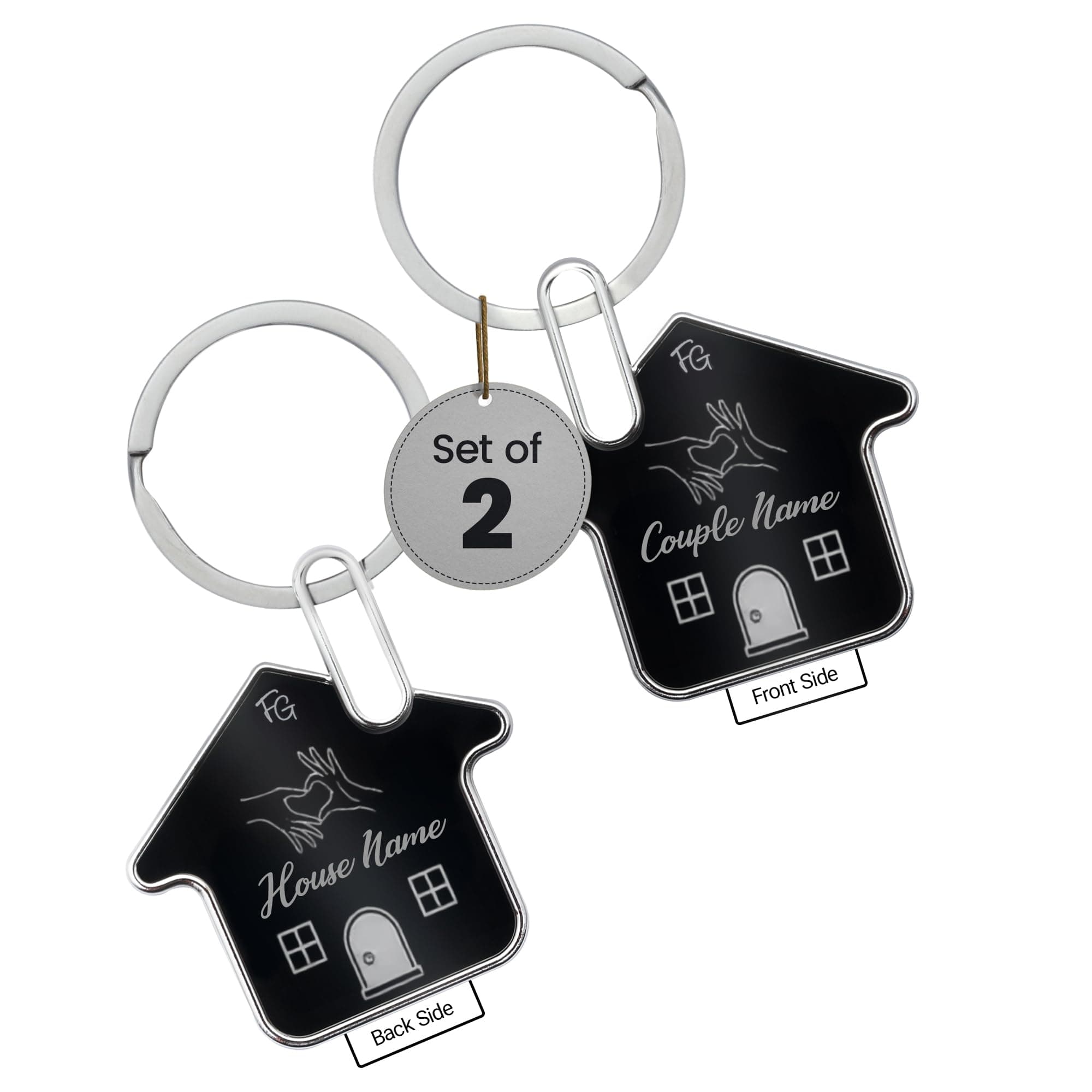 Couple Keychain Set with Name & House Engraving – Custom Keychains for Him & Her | Personalized Name Tag Key Chain Pair, Matching Couple Key Tags, Customized Home Keyring Set | Gift Box Included