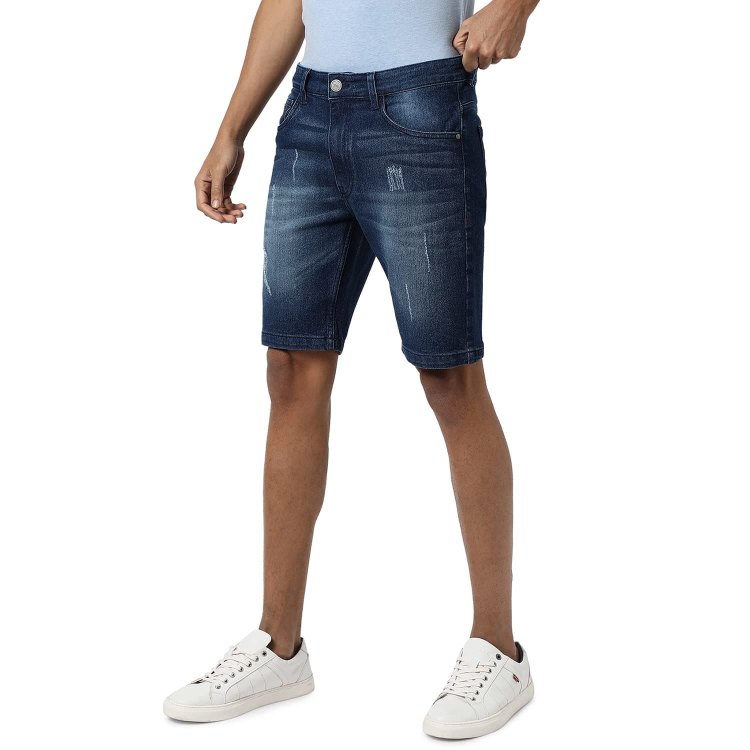 CAHOOT Men’s Classic Blue Medium-Washed Distressed Patterned Regular Fit Denim Shorts | Premium Stretchable Cotton Mid-Rise Crafted with Comfort Fit for Everyday Wear