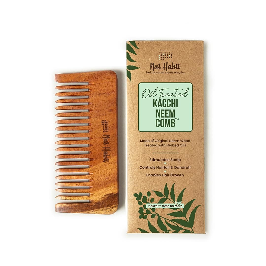 Nat Habit Kacchi Neem Wooden Shampoo Comb, Soaked In 13 Herbs, Neem & Sesame Oil - For Post Shampoo Detangling Suited For Long & Thick Hair (Wide Tooth- Small Size) Pack of 1