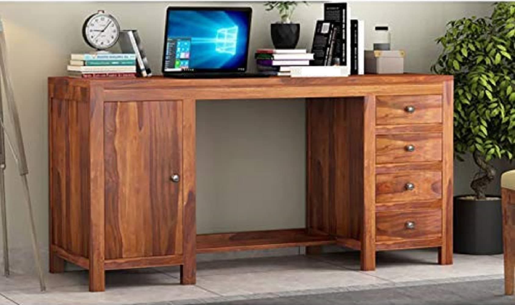WOODSTAGE Solid Sheesham Wood Writing Study Table with 4 Drawer and Cabinet Storage for Office Home Students Wooden Workstation Laptop Writing Tables Furniture (Honey Finish)