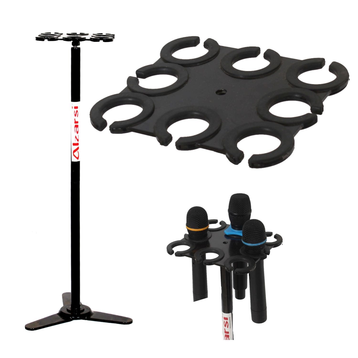 Alzarsi Microphone Holder, 8 Multi Mic Holder stand for Wired and Wireless Mics, Multiple Microphone Organizer and Display for Mic Stand, Hold Up to 8 Microphones, Steel, Black