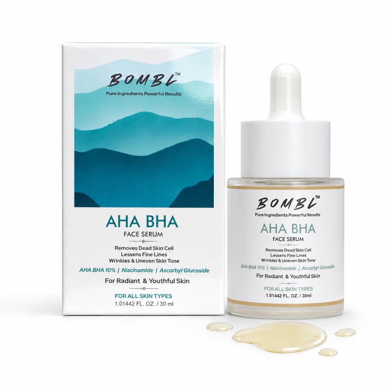 BOMBL AHA BHA 10% Face Serum With Niacinamide & Ascorbyl Glucoside (Vitamine C) | Exfoliating Skin Serum For Glowing Skin Tone | All Skin Types | 30 ml
