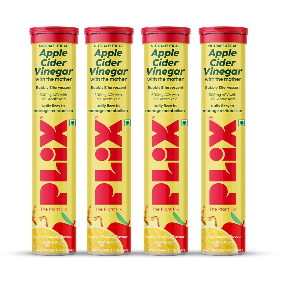 The Plant Fix Plix Apple Cider Vinegar Effervescent Tablet With Mother | Supports Metabolism & Appetite Control With 500Mg Acv, Vit B6 & B12 I No Maltodextrin, No Added Sugar I Pack Of 4 (60 Tablets)