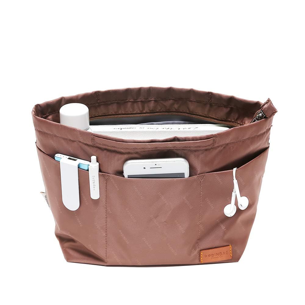 IN Multi-Pocket Travel Handbag Organizer Insert Small for Tote bag Purse Liner Insert Organizer With Handles (Small, Brown)