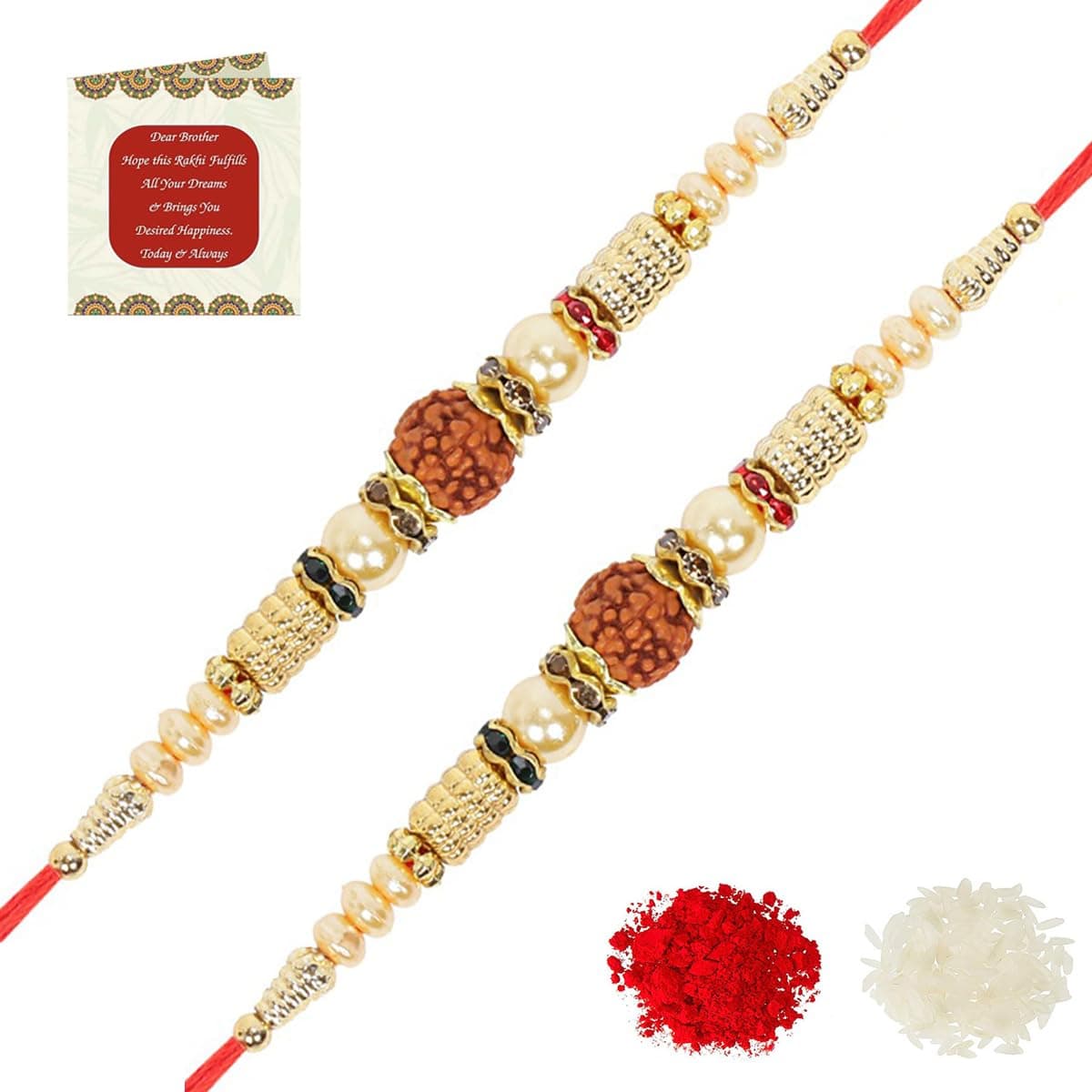 Riddhika Ventures Divine Protection Rudraksha Rakhi (Set of 2) with Roli Chawal and Greeting Card || Rudraksha is a sacred symbol of blessings, protection, courage, and positive energy (H1H1)