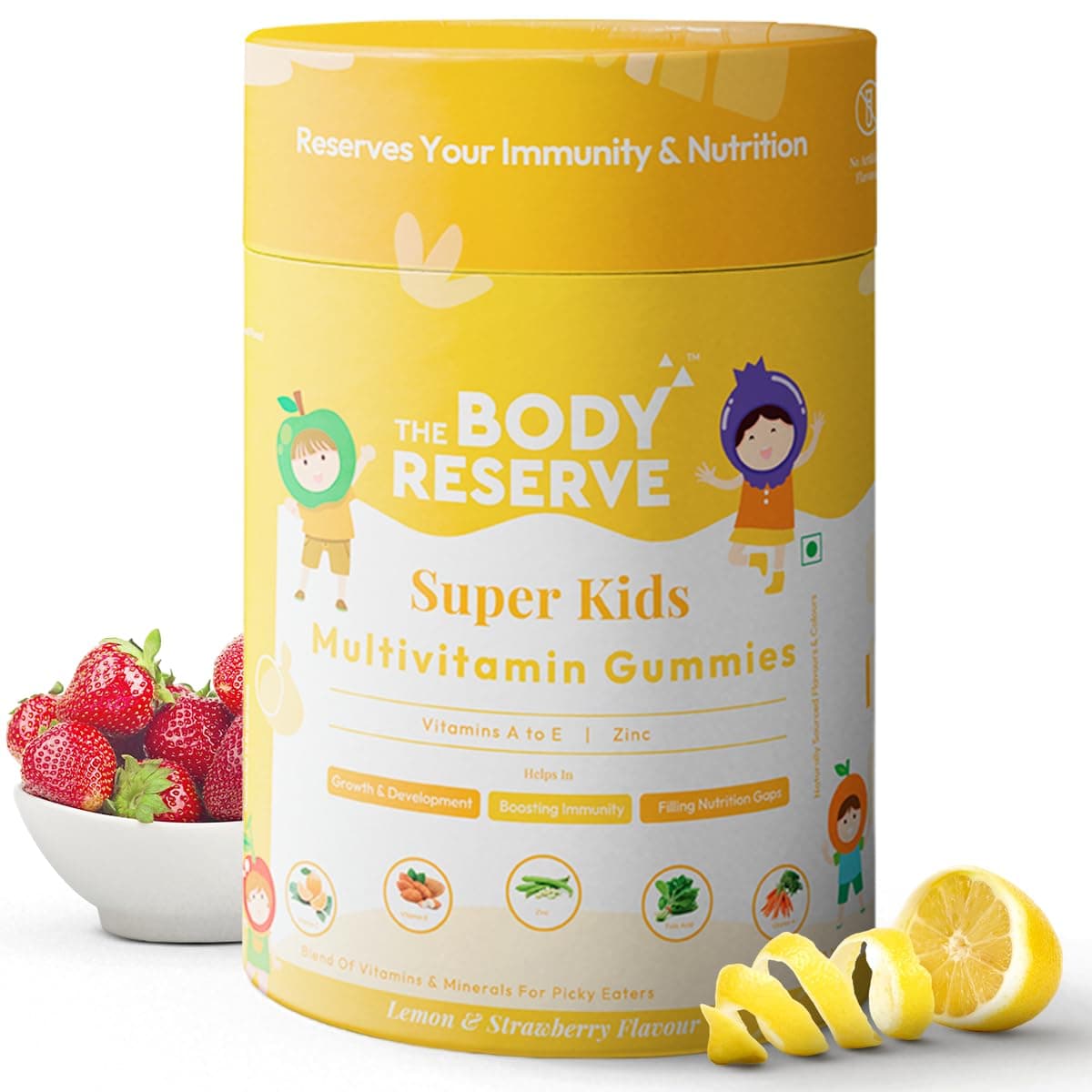The Body Reserve's Multivitamin Gummies For Kids With 10 Vitamins & Minerals Helps Kids Growth, Strong Bones & Teeth, Improves Immunity, Antibody Production Lemon & Strawberry Flavour 30 Gummies