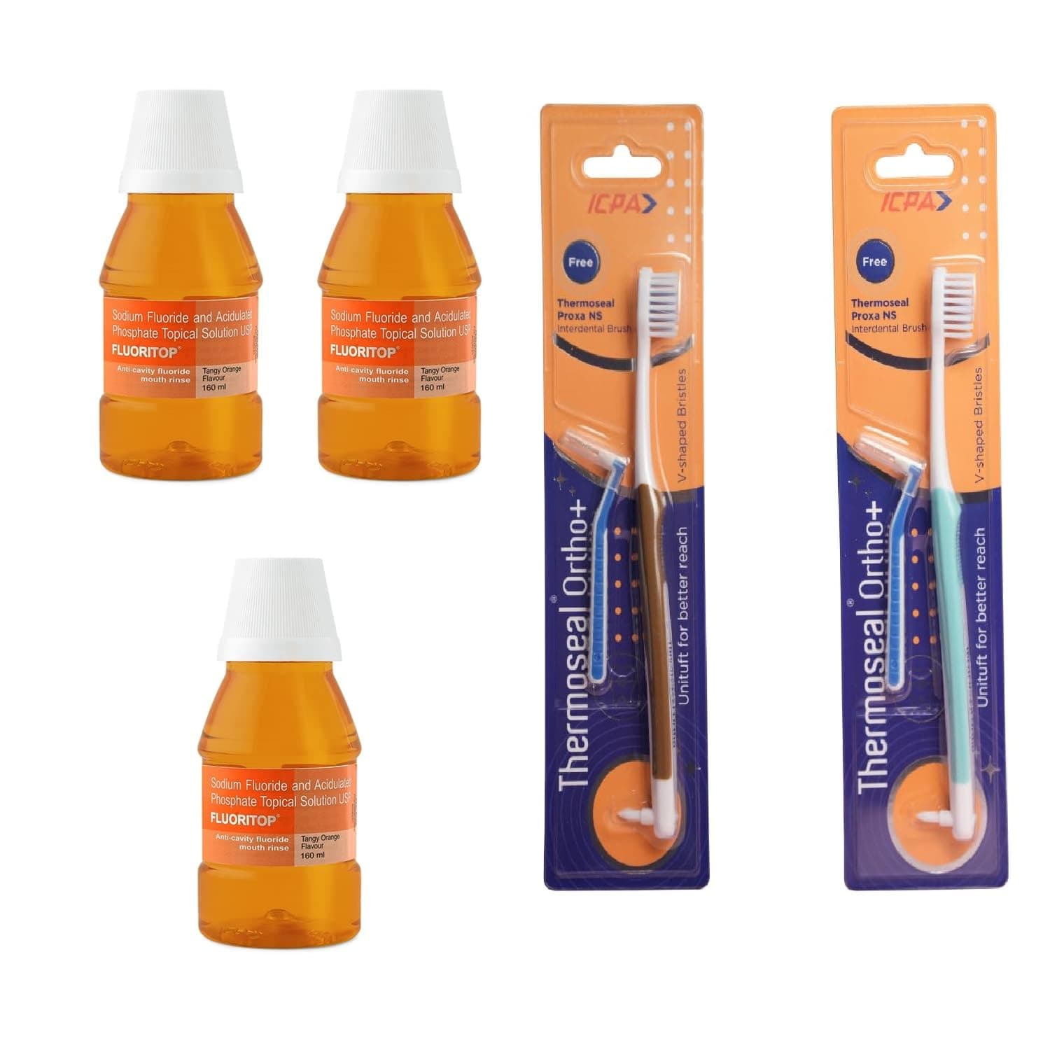 Thermoseal Ortho+ Toothbrush (Pack Of 2) with Soft Bristles and Fluoritop Anticavity Mouthrinse 160 ml (Pack Of 3) - Combo