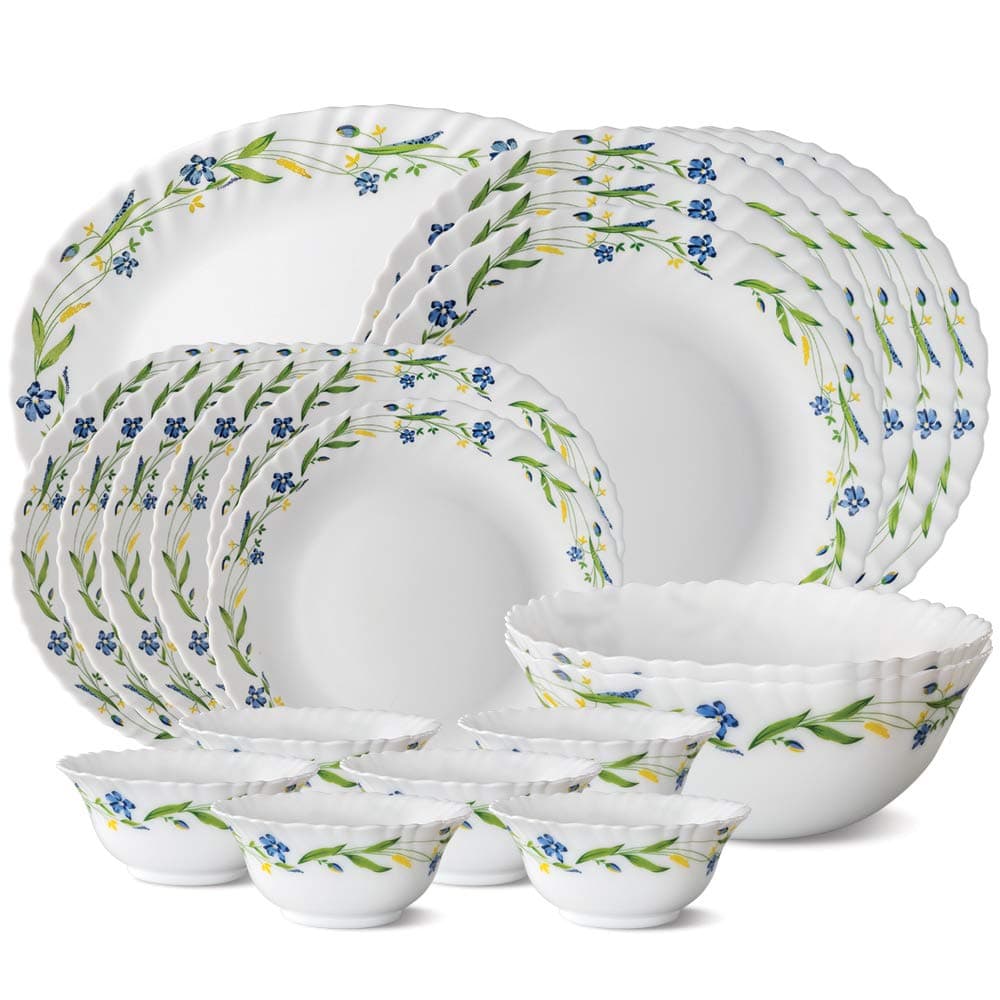 Larah by Borosil Cripper Fluted Series Opalware Dinnerset | 21 Pieces for Family of 6 | Microwave & Dishwasher Safe | Bone-Ash Free, Crockery Set for Dining & Gifting | Plates & Bowls, White