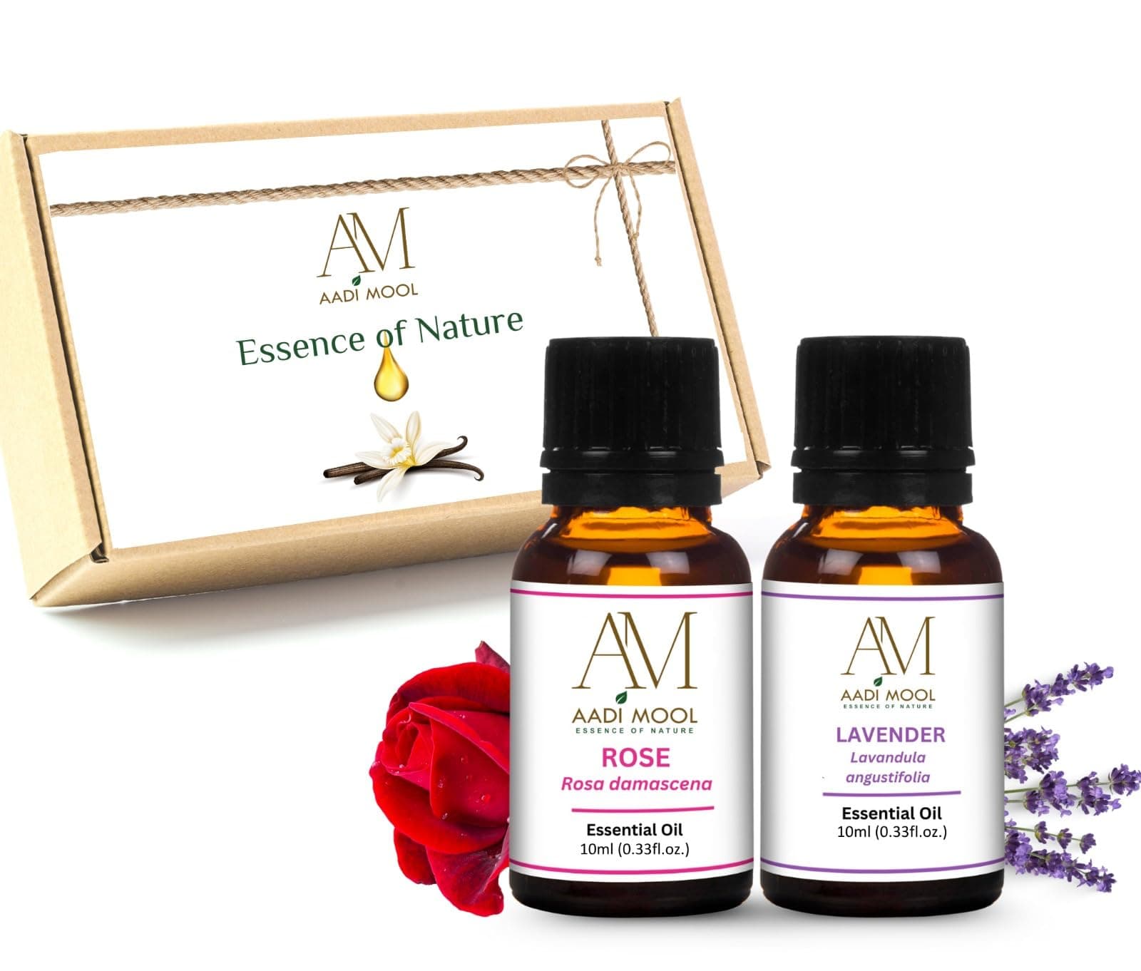 Aadi Mool Lavender & Rose Oil Pack of 2 (10ml Each) | Lavender Essential Oil & Rose Essential Oil for Face, Skin, Hair, Aromatherapy, Massage & Diffuser