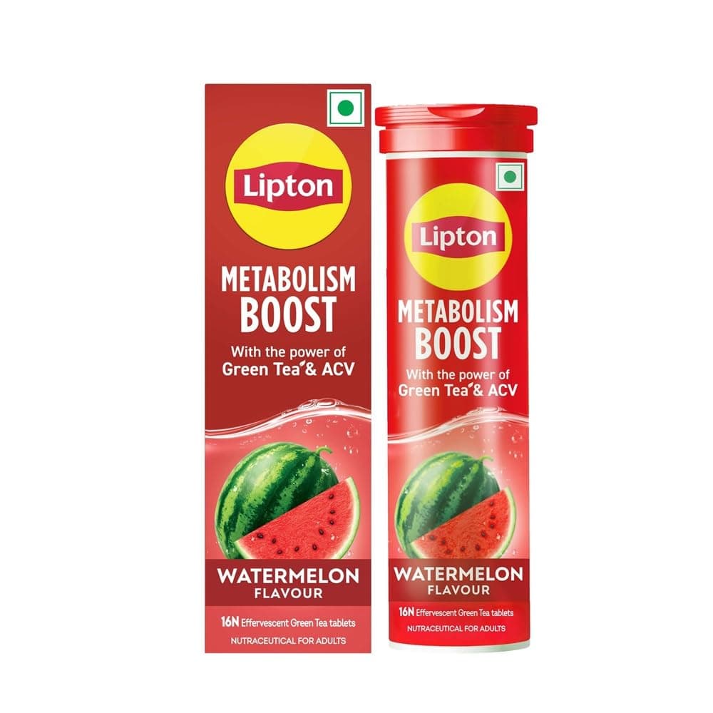 Lipton Metabolism Boost with 150mg Green Tea Catechins and 50mg ACV (Apple Cider Vinegar) | For Weight Loss & Fat Burn | Zero Calories | 16N Effervescent Tablets | Watermelon Flavour