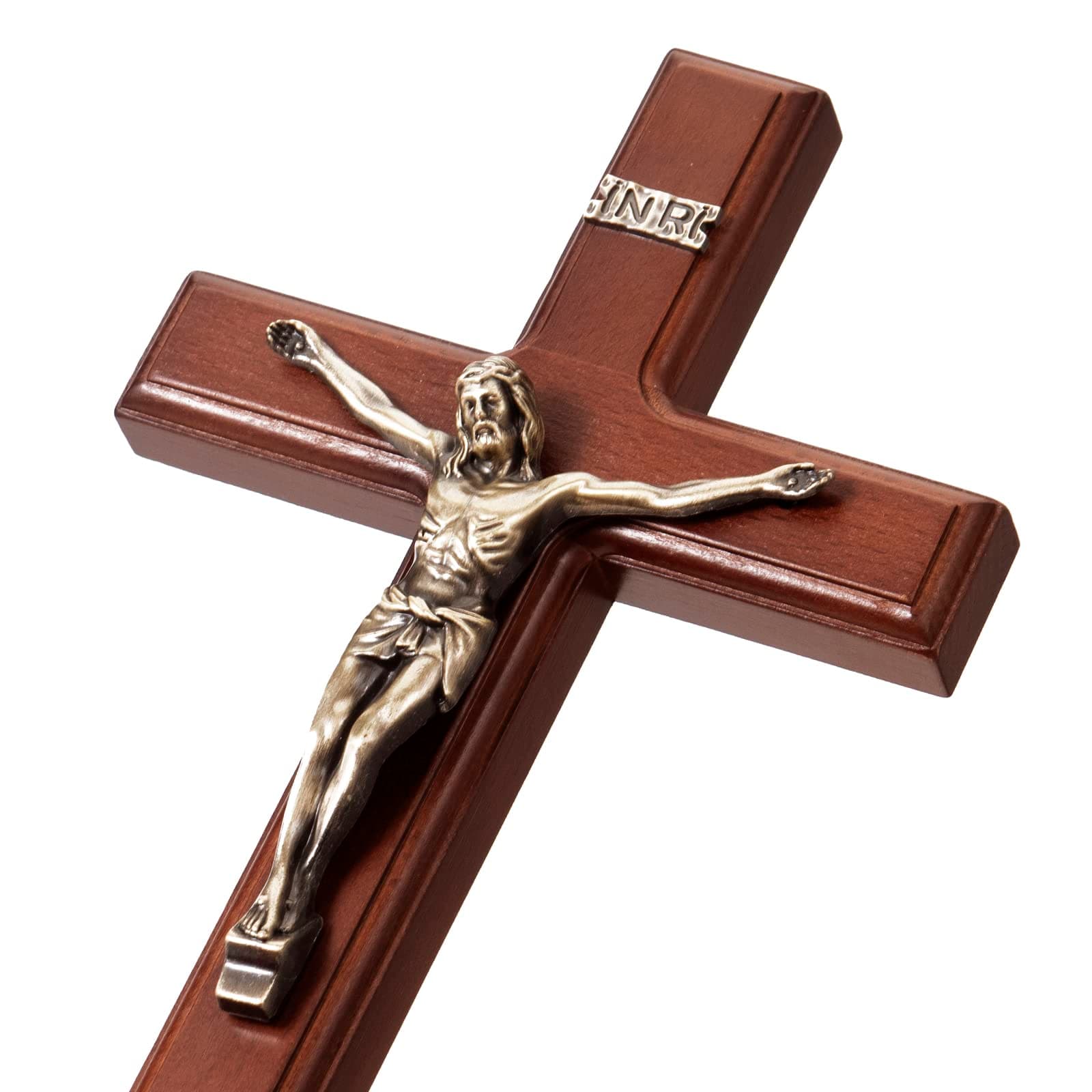 ARCHOBAN Crucifix Wall Cross Catholic, 12 Inch Wooden Cross Wall Decor - Brown + Antique Brass