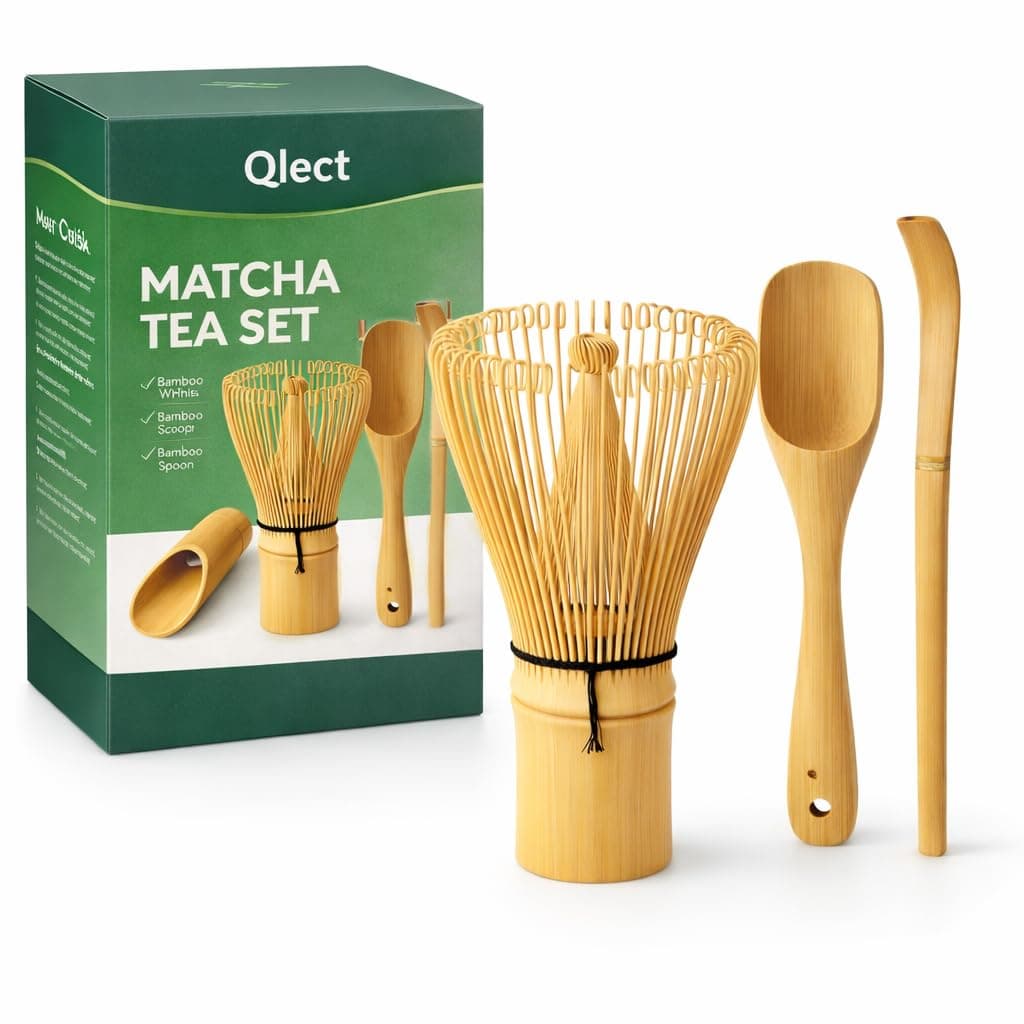 Qlect Traditional Bamboo Matcha Whisk (Chasen),Scoop (Chashaku) & Spoon Set Handmade 100% Natural Bamboo Tea Accessory Kit — Authentic Japanese Matcha Frothing Set