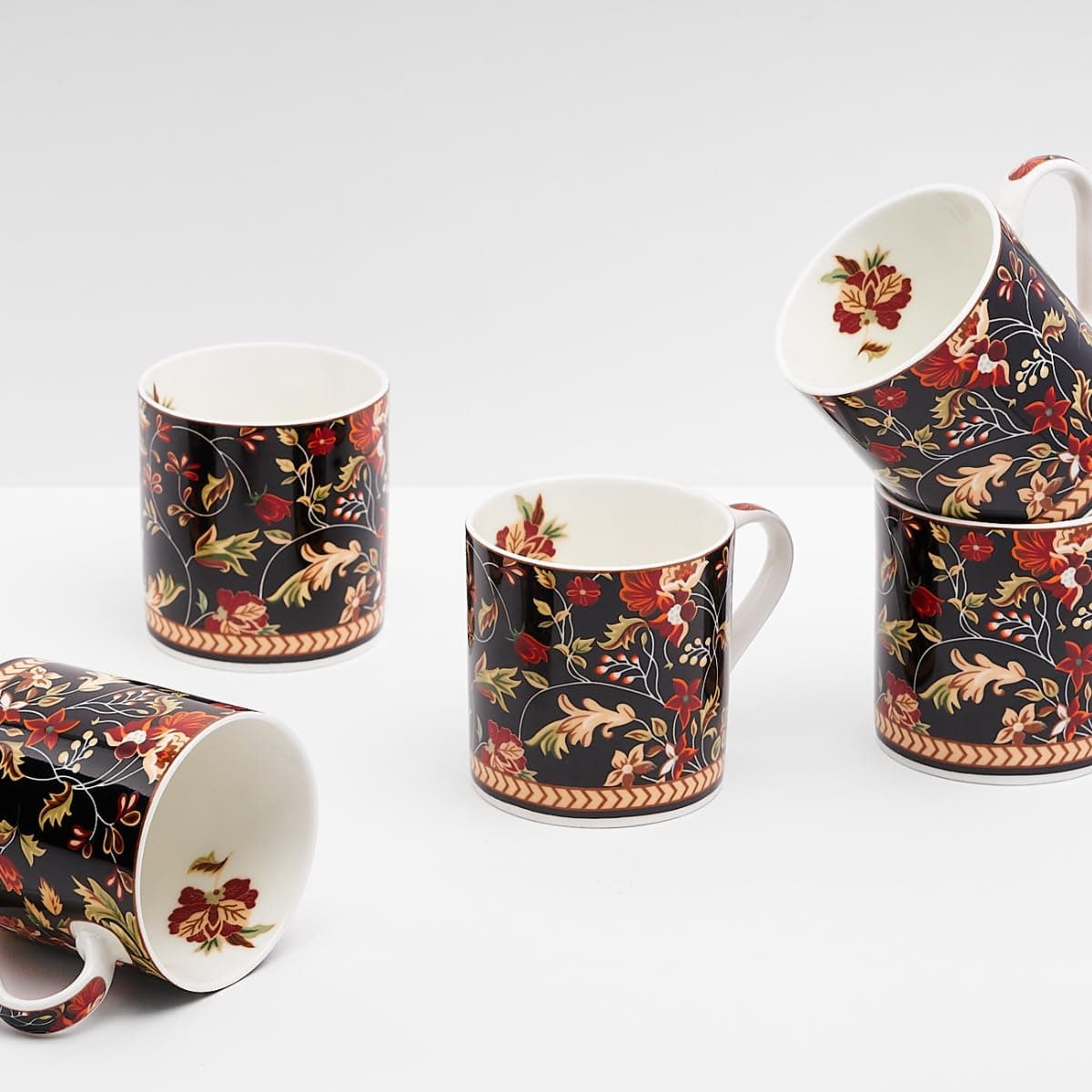GOLDEN QUEEN'S Tea And Coffee Mugs - Set Of 6 (Gold Rim) (With Platinum Decorations), 220 milliliter