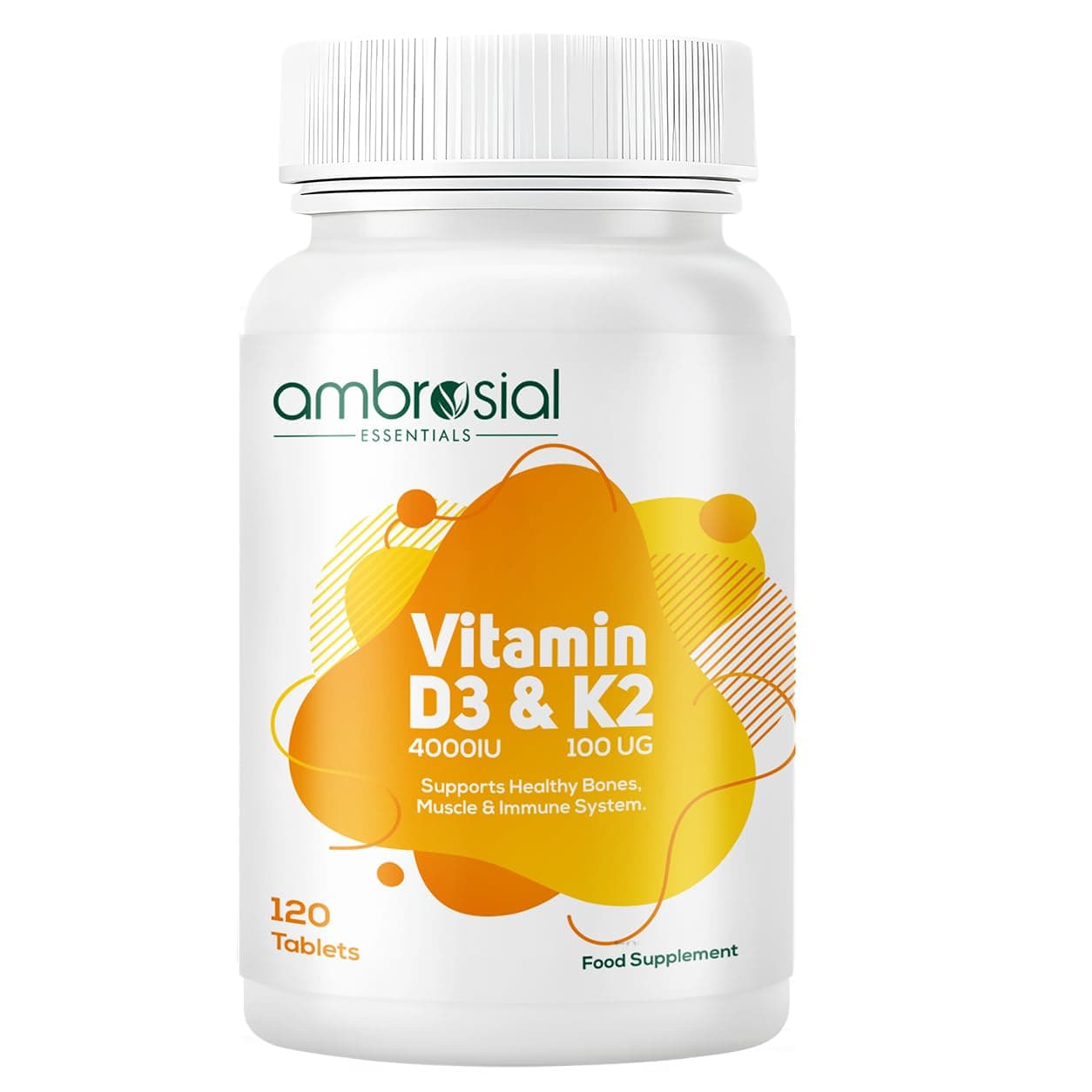 Ambrosial Vitamin D3 & K2 Tablets 4000IU Vitamin D3 + 100µg K2 MK-7 for Healthy Bones, Muscles, and to Support The Immune System -120 Tablets