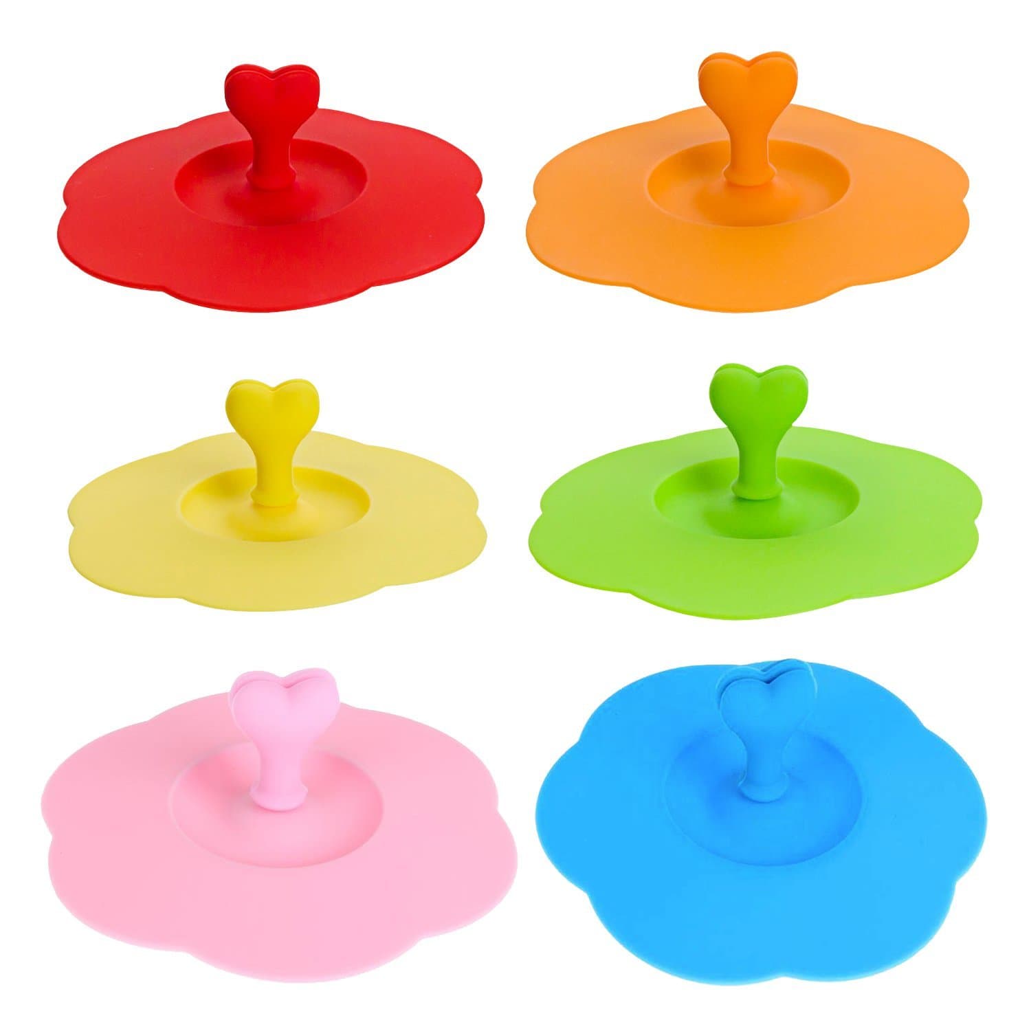 AKOAK Cute Anti-dust Silicone Cup Cover Coffee Mug Suction Seal Lid with Heart-shape Spoon Stand,Pack of 6, Different Colors