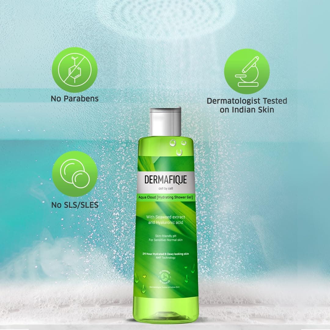 Dermafique Aqua Cloud Hydrating Shower Gel 250ml | Body Wash for Women & Men |24 hr Hydration, Hyaluronic Acid & NMF | Sensitive, Dry, Oily, Normal Skin | Clinically & Dermat Tested on Indian skin
