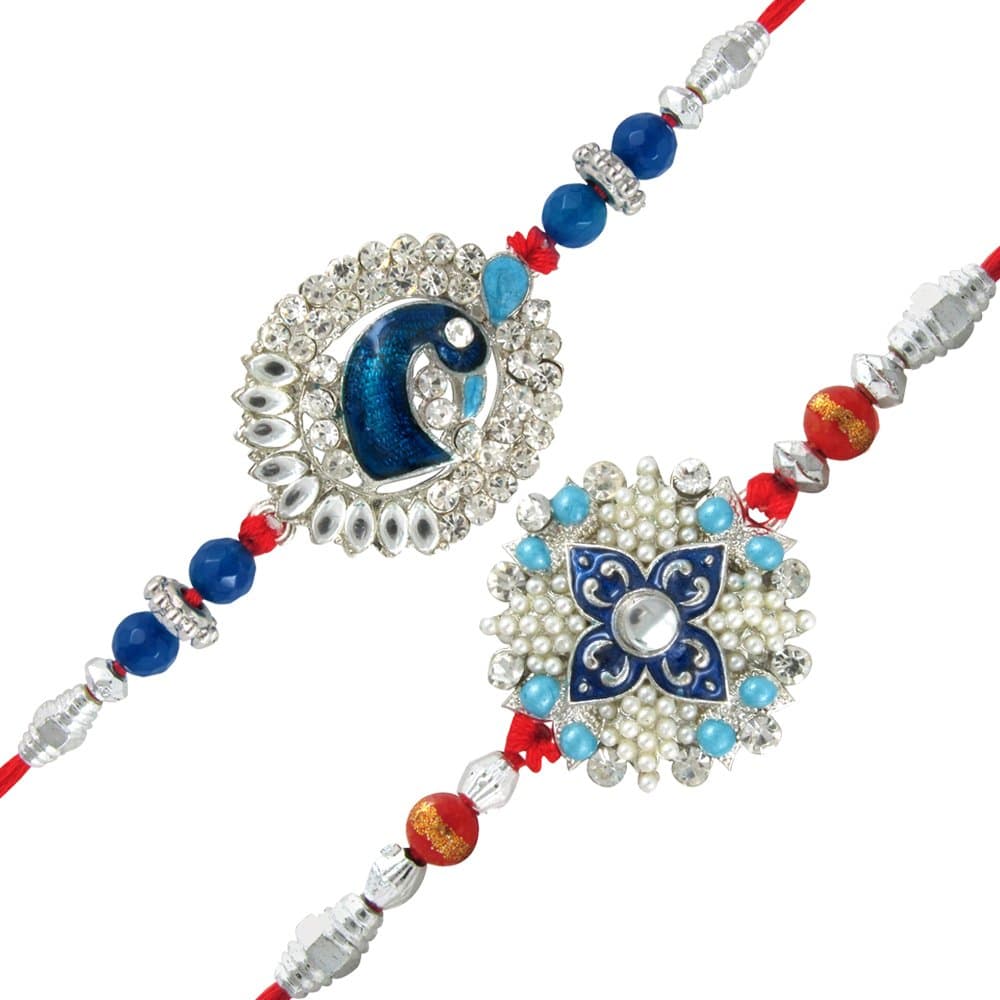 Mahi Rakhi Set for Brother of 2 Blue Mens Designer Rakhi for Bhai/Bhaiya with Pearls & Meena Enamel Work CO1104267R