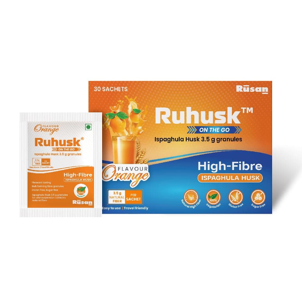 Ruhusk Ispaghula/Isabgol Husk 3.5g Orange Flavour 30 Sachets | Constipation Relief & Digestive Health | Natural Fiber Supplements
