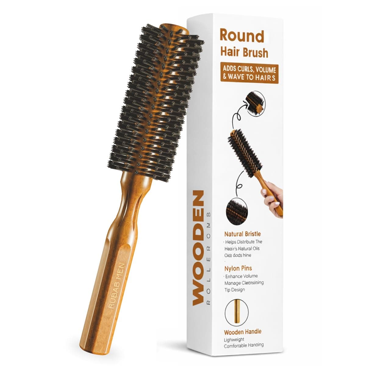 RUBAB MEN Wooden Roller Hair Brush Round Comb for Men & Women