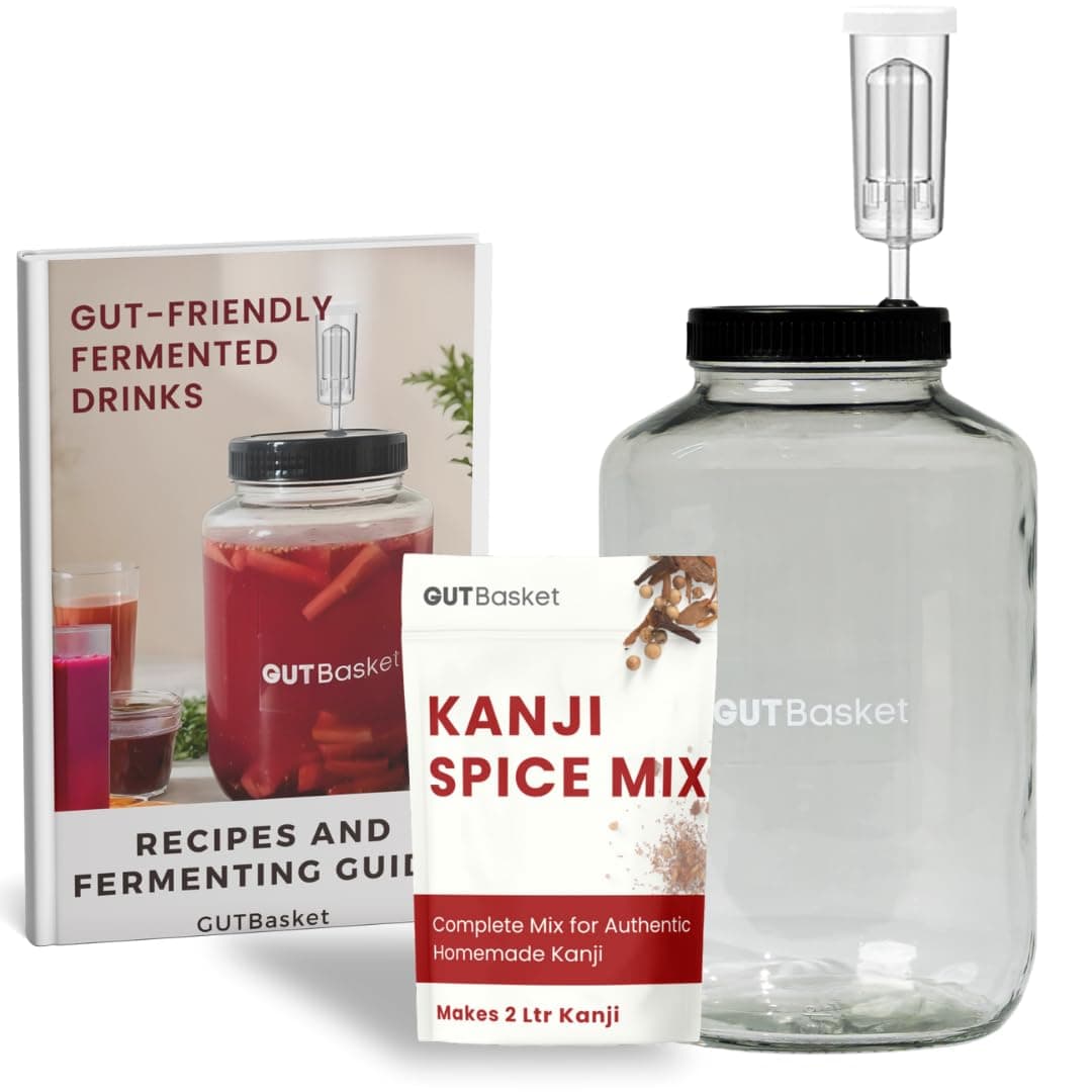 Gutbasket Kanji Jar Kit | 4L Glass Jar with Airlock, Grommet Lid, Recipe Book & Sea Salt | Perfect for Kanji & Gut Health