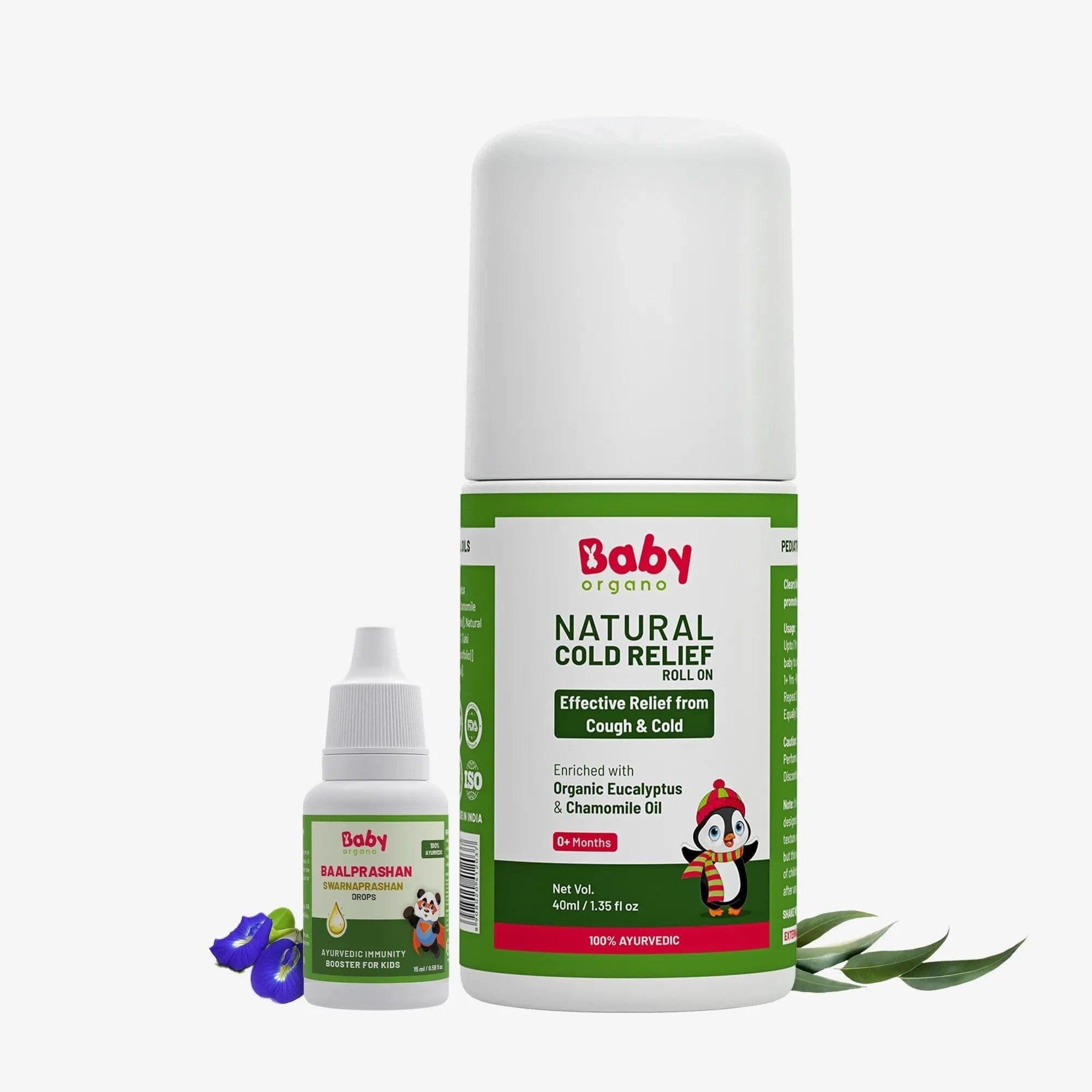 BabyOrgano® 100% Ayurvedic Swarnaprashan Immunity Booster Drops & Cold Relief Roll On for Cold | Nose | Chest Conjestion Combo Pack