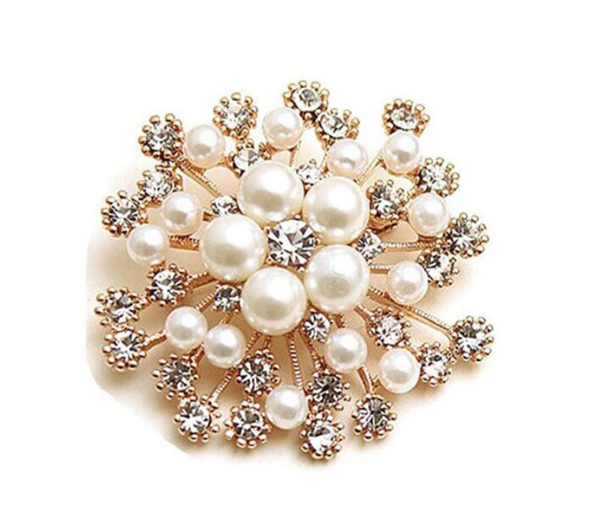Pearl Flower Brooch - Shining Round Crystal Brooches For Women - Lapel Pin Accessories - Fashion Wedding Bouquet Dress Pin Gift