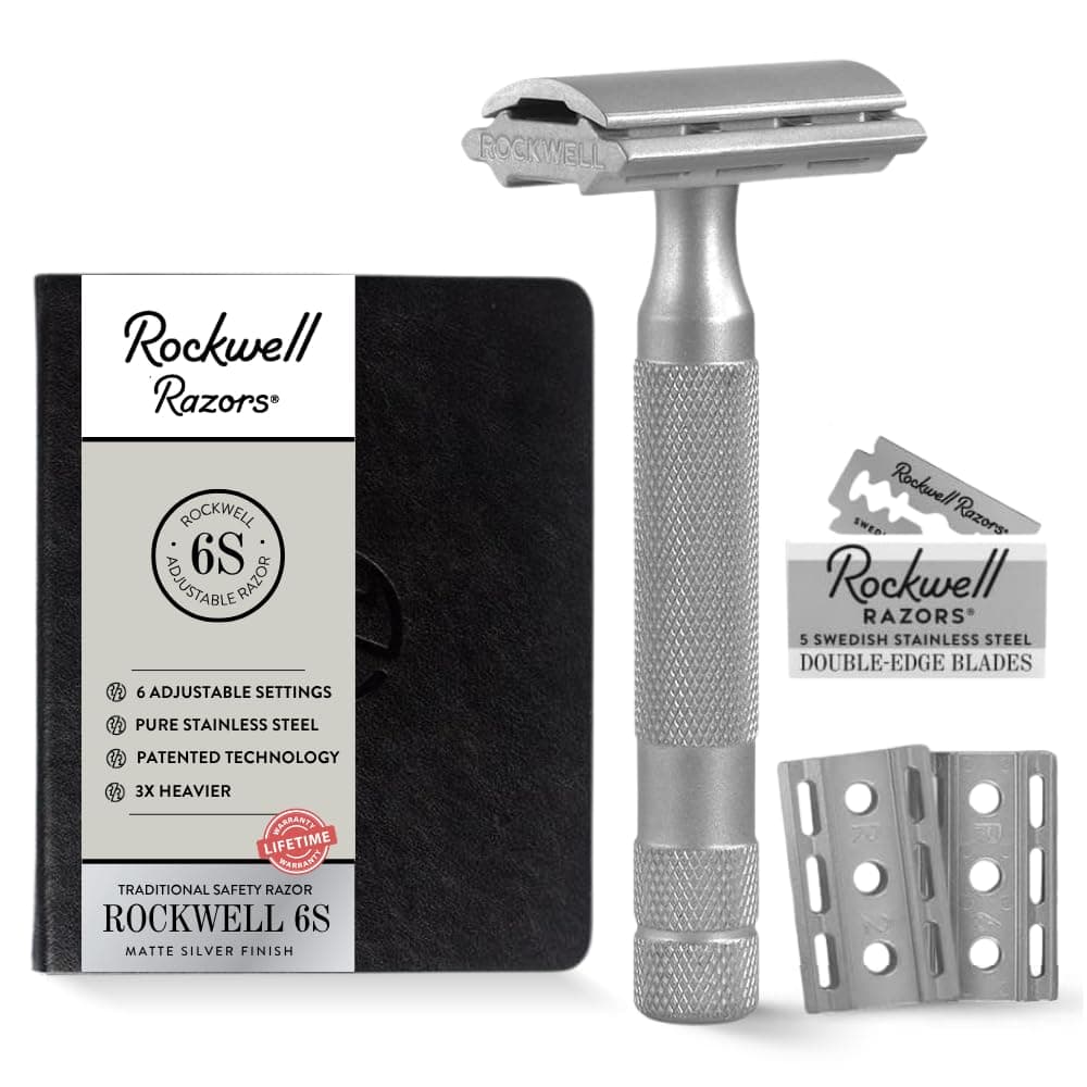 ROCKWELL RAZORS 6S Adjustable Safety Razor for Men & Women | Eco-Friendly & Reusable Shaving Razor | 5 Double Edge Razor Blades made of Pure Swedish Stainless Steel | Matte Silver Finish