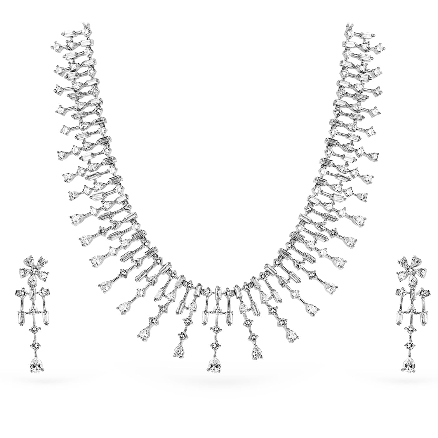 Rubans Jewellery Set Zircon Rhodium Plated White AD Premium Necklace Gift for Women and Girls Wedding Party Festive