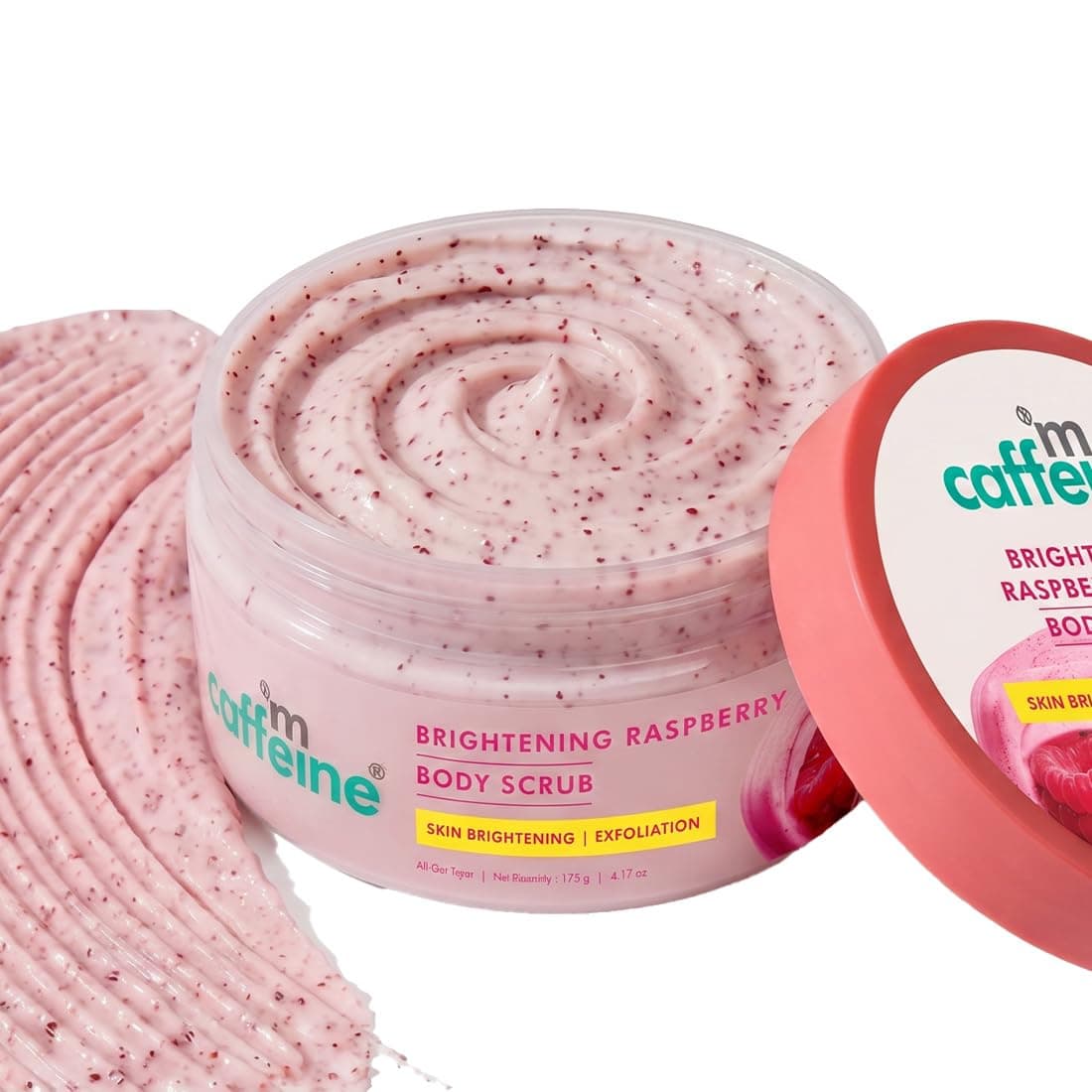 mCaffeine Brightening Raspberry Body Scrub | Tan Removal | AHAs - Lactic & Glycolic Acid, Niacinamide | Vitamin C Rich for Brighter, Soft Skin | Remove Dry, Dead Skin | Fruity Berries Aroma - 175g