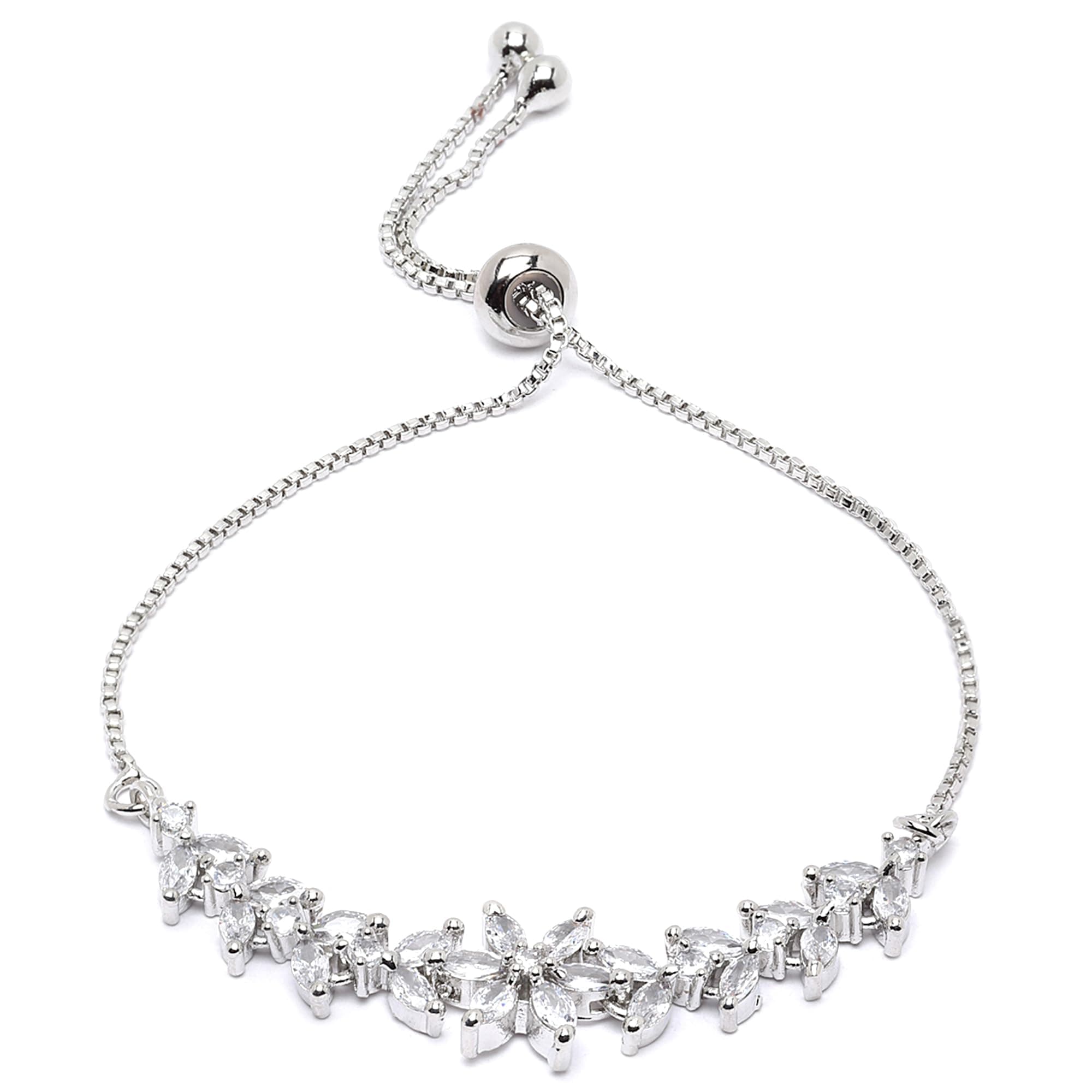 ZENEME Bracelet Rhodium-Plated Silver Toned Stylish Flower Shaped Crystal American Diamond Charm Bracelet For Women and Girls