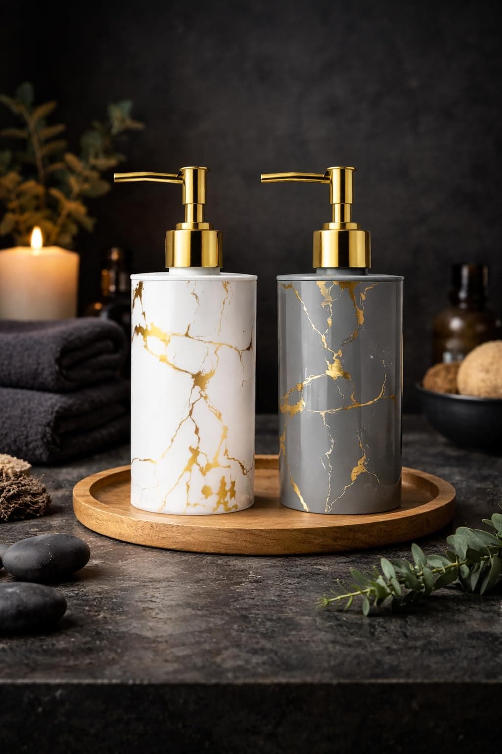 LAGET® 300ml Soap Dispenser for Wash Basin - Marble Golden Print | Kitchen and Bathroom Accessories Items | Refillable Handwash Dispenser Bottle- Set of 2 (White and Grey)