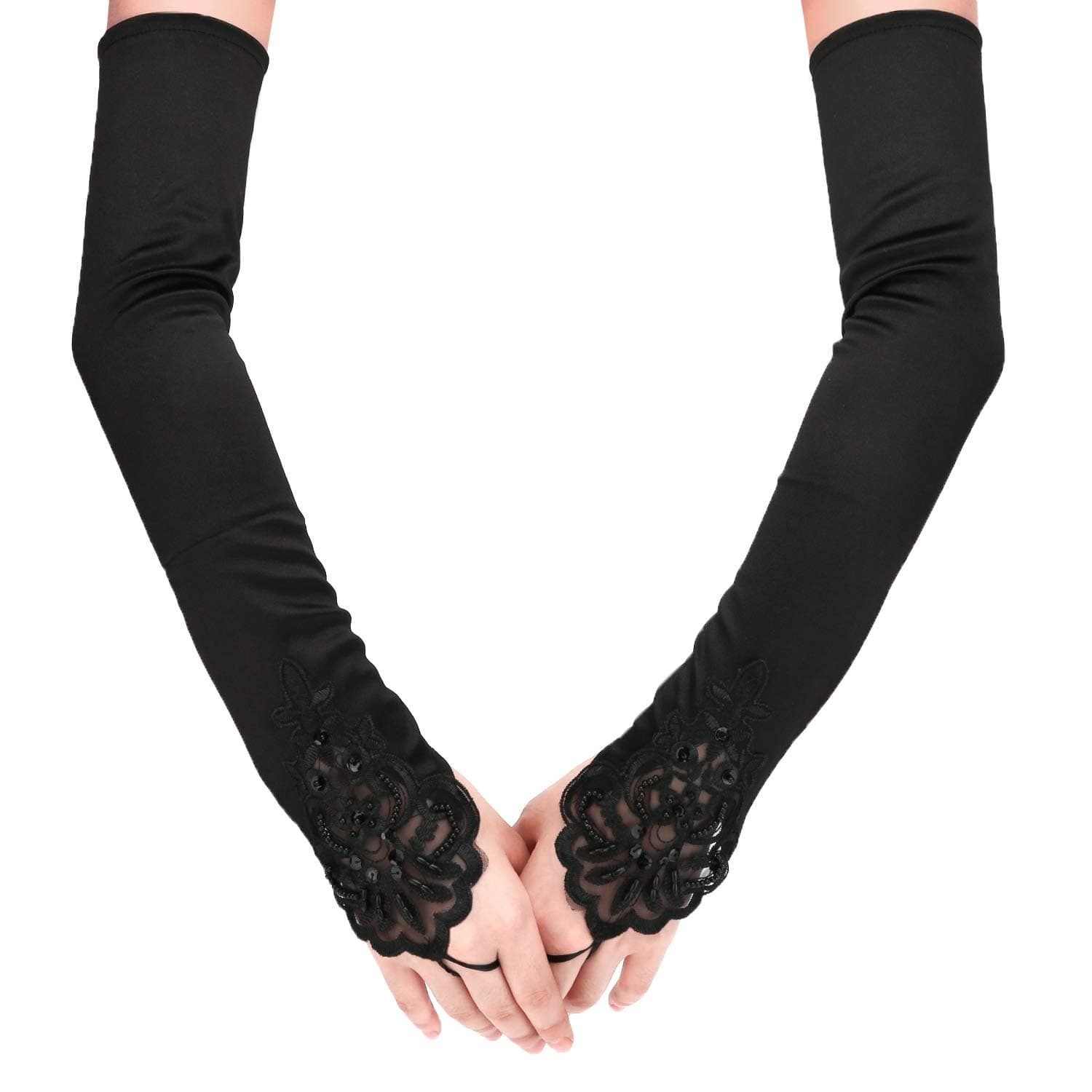 SAVITA Fingerless Long Black Gloves Pierced Elbow Length Satin Gloves 19" Stretchy Opera Evening Party 1920s Gloves for Women