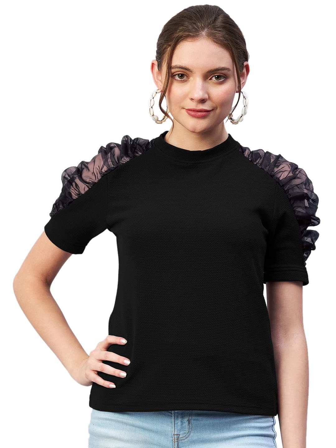 Marie Claire Women Casual Black Colour Round Neck Solid Regular Top