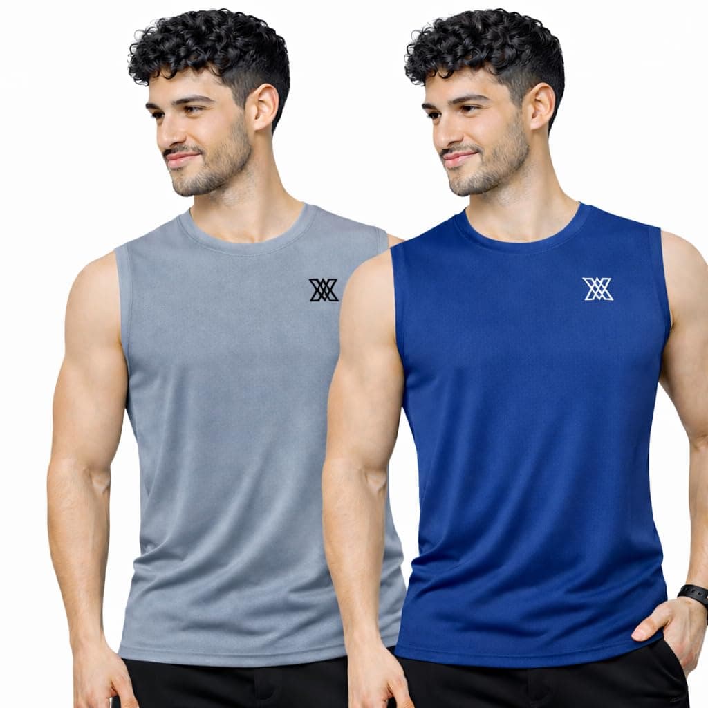 Xaavo Men’s Sleeveless Gym T-Shirt (in, Alpha, L, Regular, 2, Grey + Blue)