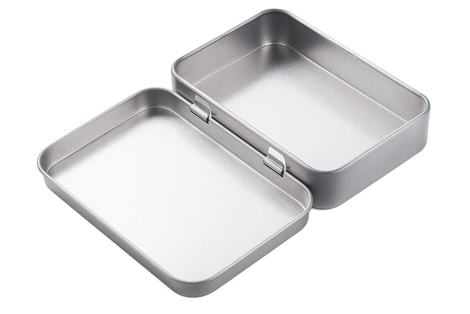 AKOAK 2 Pieces 4.5 x 3.3 x 0.86 Inch Rectangular Empty Hinged Tin Box Containers for Home Storage or Outdoor Active Storage Containers