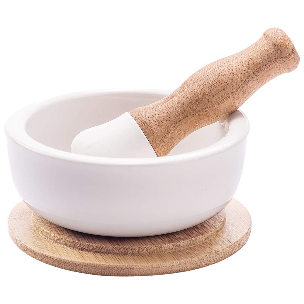 Porcelain Mortar and Pestle Set ââ‚¬â€œ Pill Crusher, Spice Grinder, Herb Bowl, Pesto Powder ââ‚¬â€œÃ‚ Molcajete for Salt - PLUS Lid/Non-Slip Base