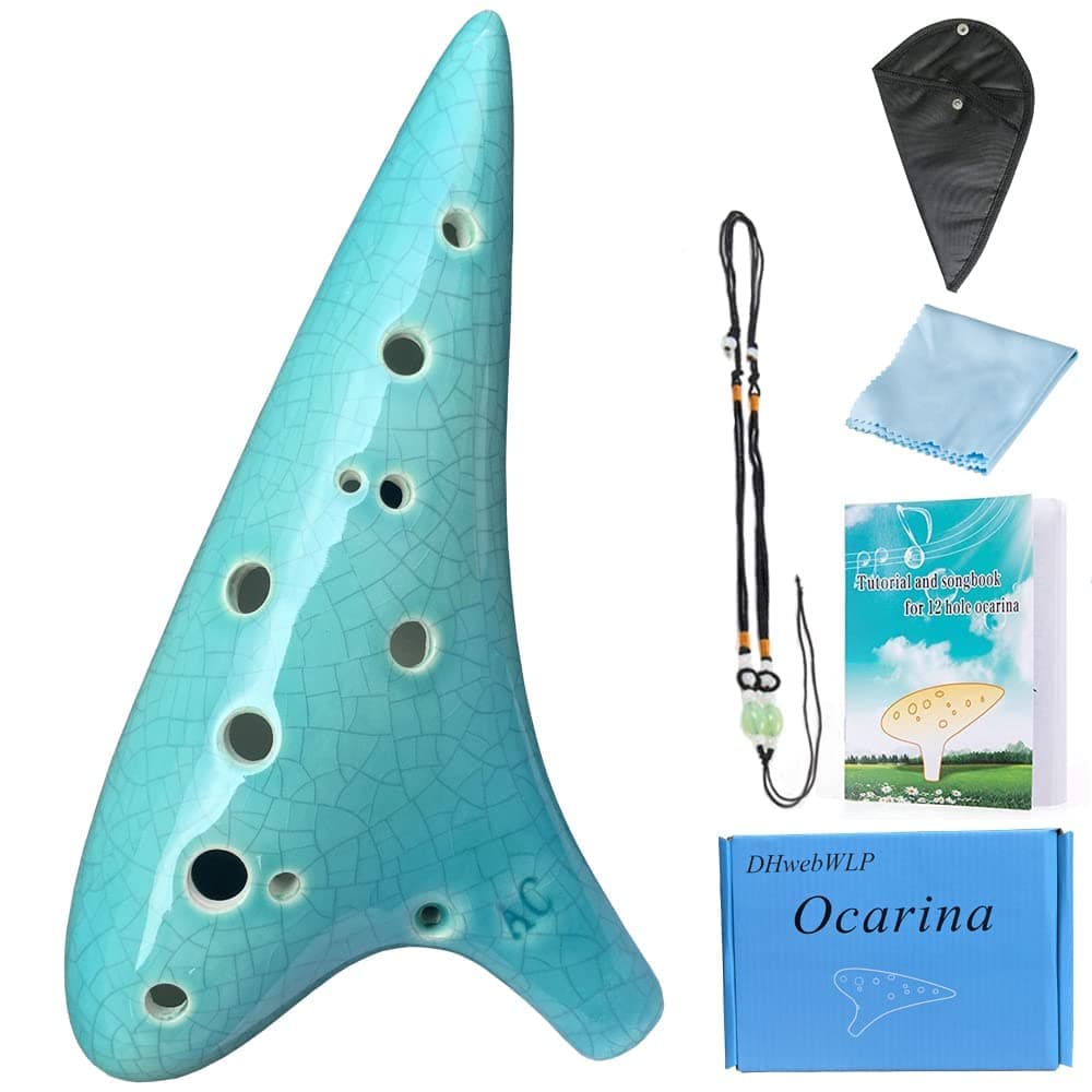 DHwebWLP 12 Hole Ocarina Instrument With Song Book for Beginner,Alto C Ceramic Ocarina(Cyan Ice-crack Crack)