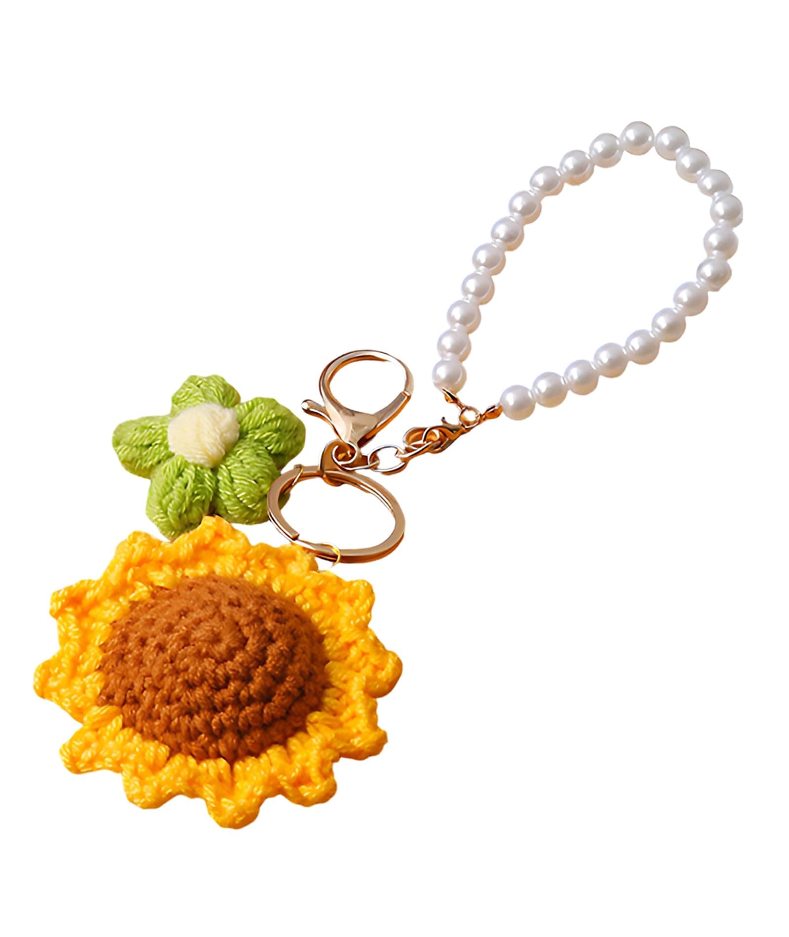 Crochet Keychain, Handmade Sunflower Keychain for Girls, Cute Bag Charm with Pearl Bracelet, Aesthetic Keyring for Backpack, Unique Gift for Girlfriend