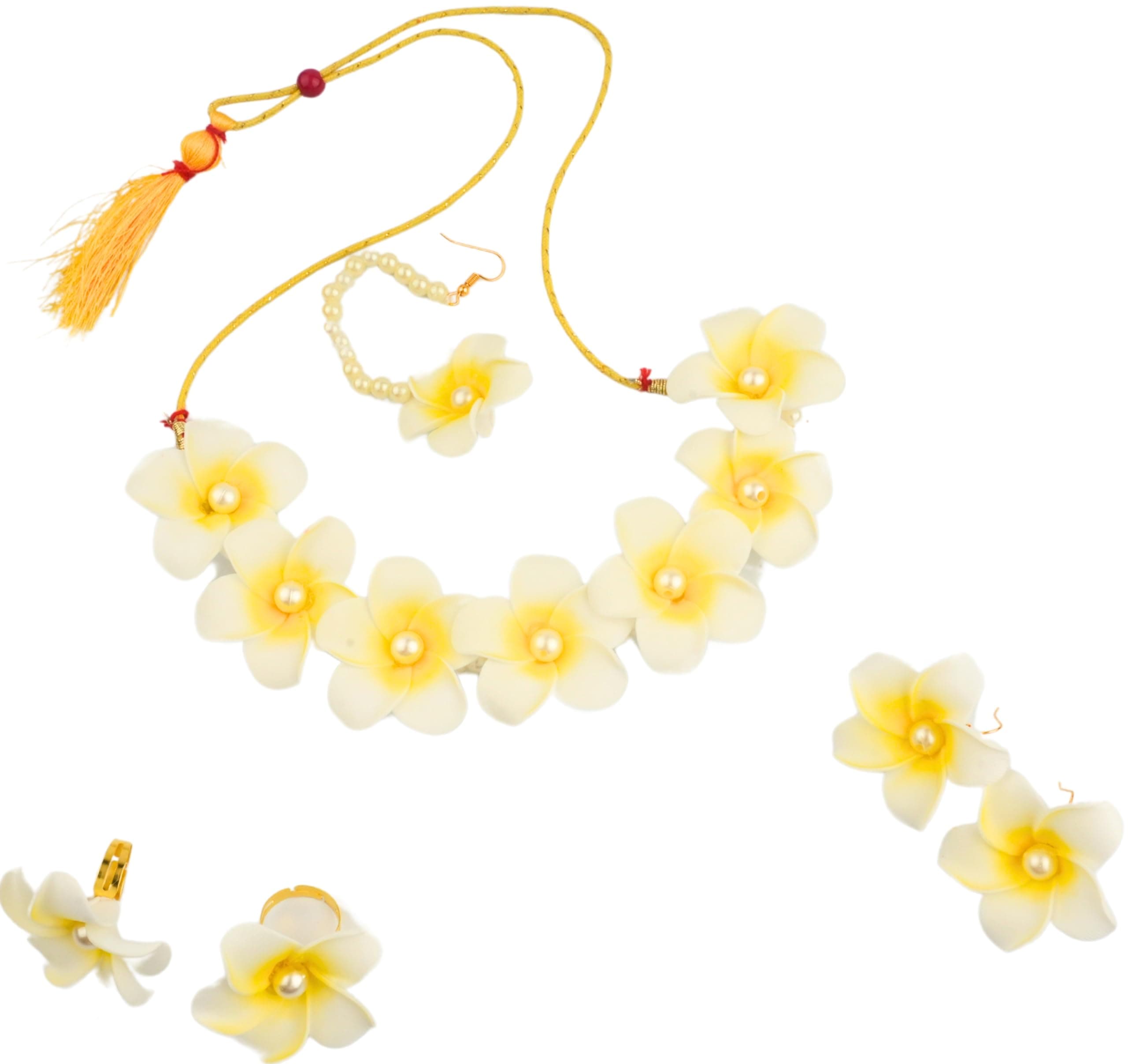 BengCraft Women Artificial Chapa Flower Bridal Haldi Jewellery Set of Necklace, Earring, Finger Ring & Maang Tika | Handmade Floral Jewelry for Bride's Mehendi, Mehndi, Shower, Festive Party Function
