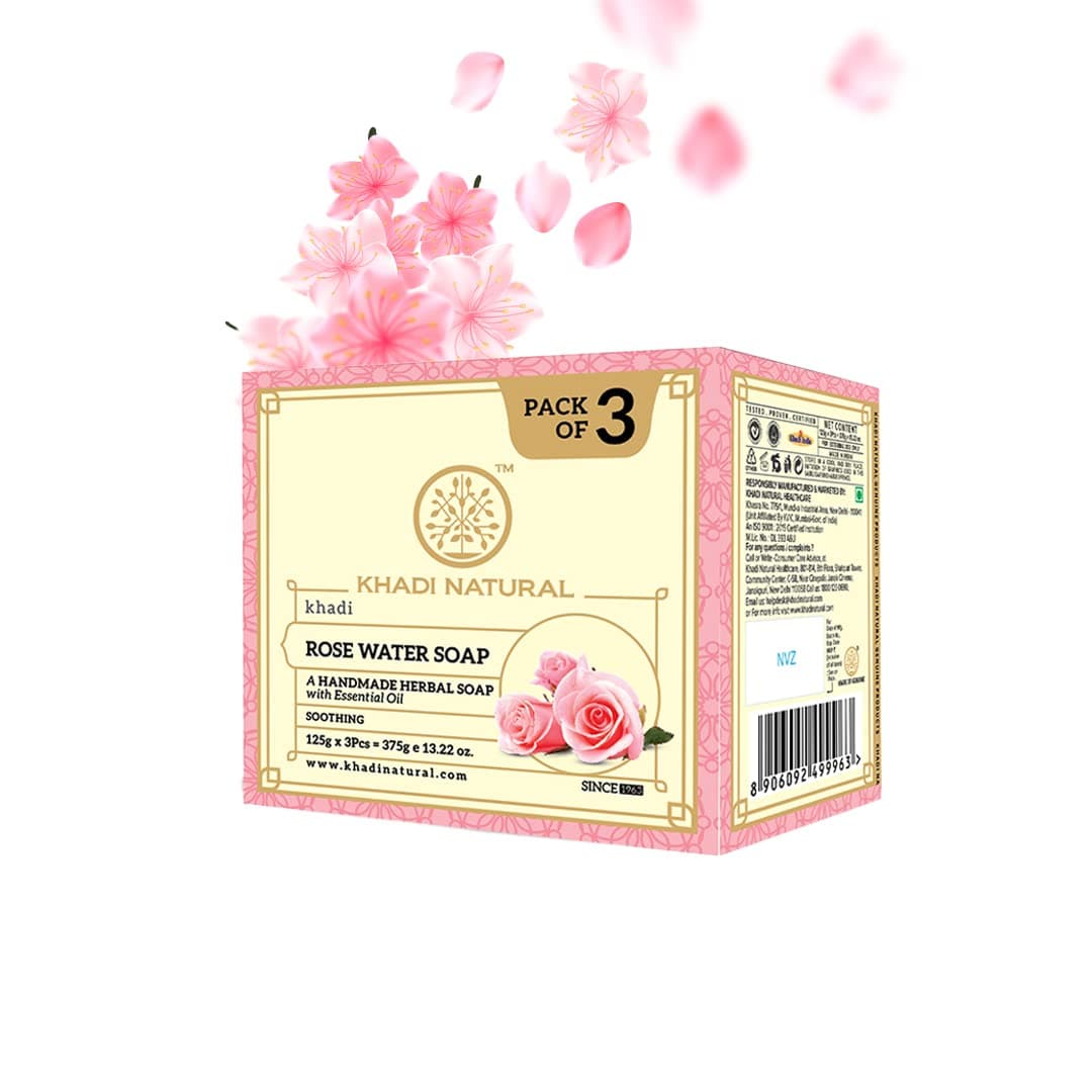 Khadi Natural Rosewater Soap, 125g |Herbal Bathing Soap for Healthy Skin|Natural soap with essential oils|Skin hydrating properties| Suitable for All Skin Types | Pack of 3