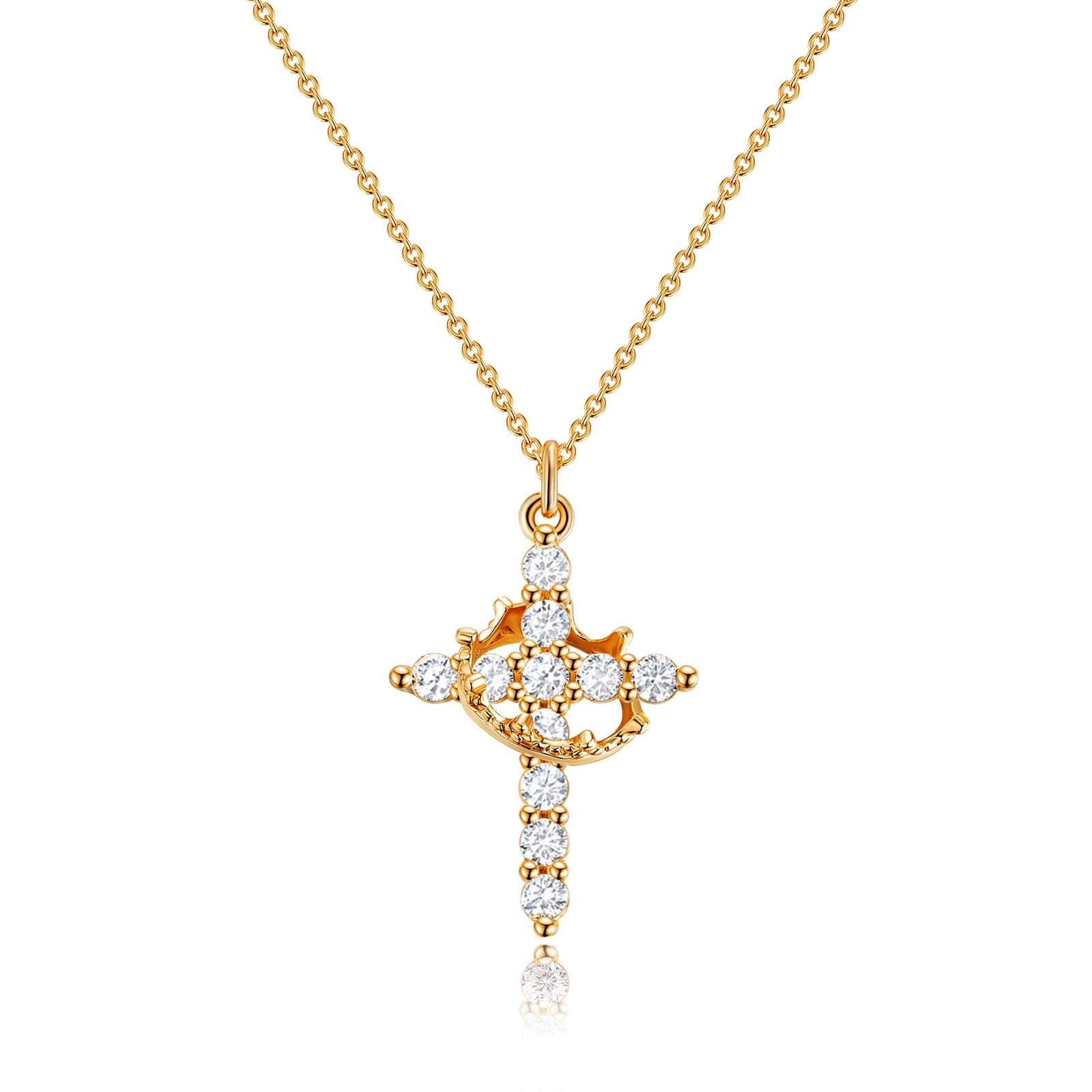 Robaice Upgraded Crown Cross Necklace for Women, 14K Gold Plated, 18" + 2" Extender, Metal, No Gemstone