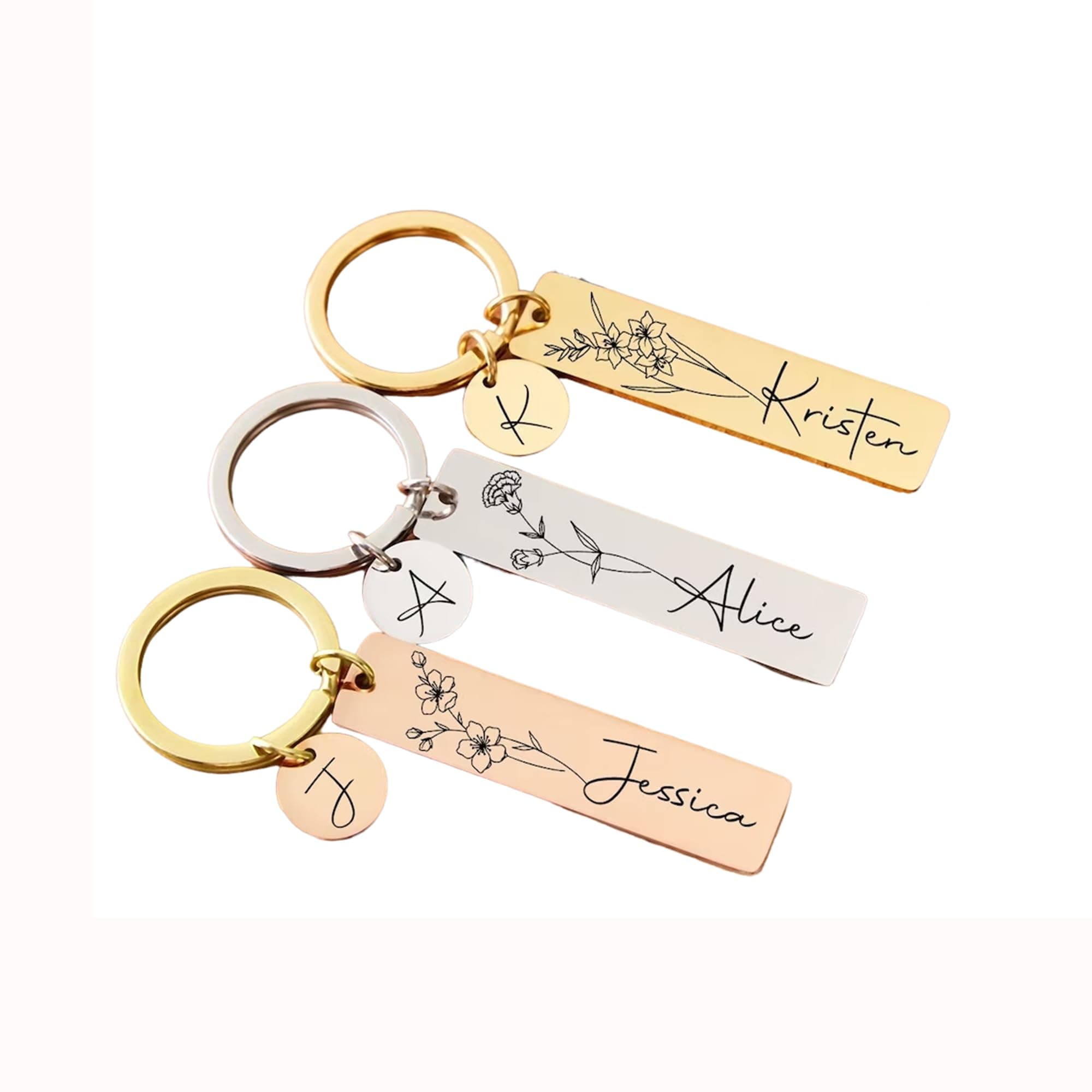 Adornkeys Personalized Birth Flower Keychain with Custom Name Bar, Engraved Heart Initial Charm for Women Girls, Stainless Steel Floral Key Ring Jewelry Gift for Mom Best Friend Sister, 4 Colors